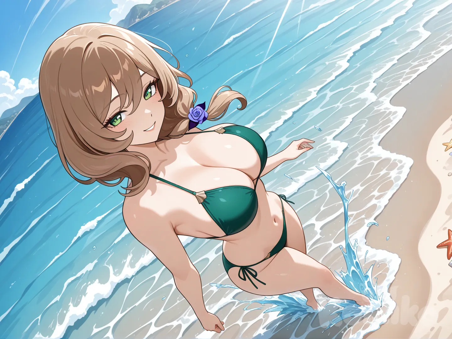 @Lisa_(Genshin_Impact) (big cool sister) 

#big sister style , good figure , 

#side view 

 # upper body (Focus on the upper body, from the waist up.)

#looking at viewer #full body#, up view , #full body ,from above , day , funny , relaxed, anime style , 

#cool post

, green swimming suite bikini

relax , Taking a stroll, play water on a beach , splash , in a sunnyday , in the beach , It has a view of the sea and beach as a backdrop