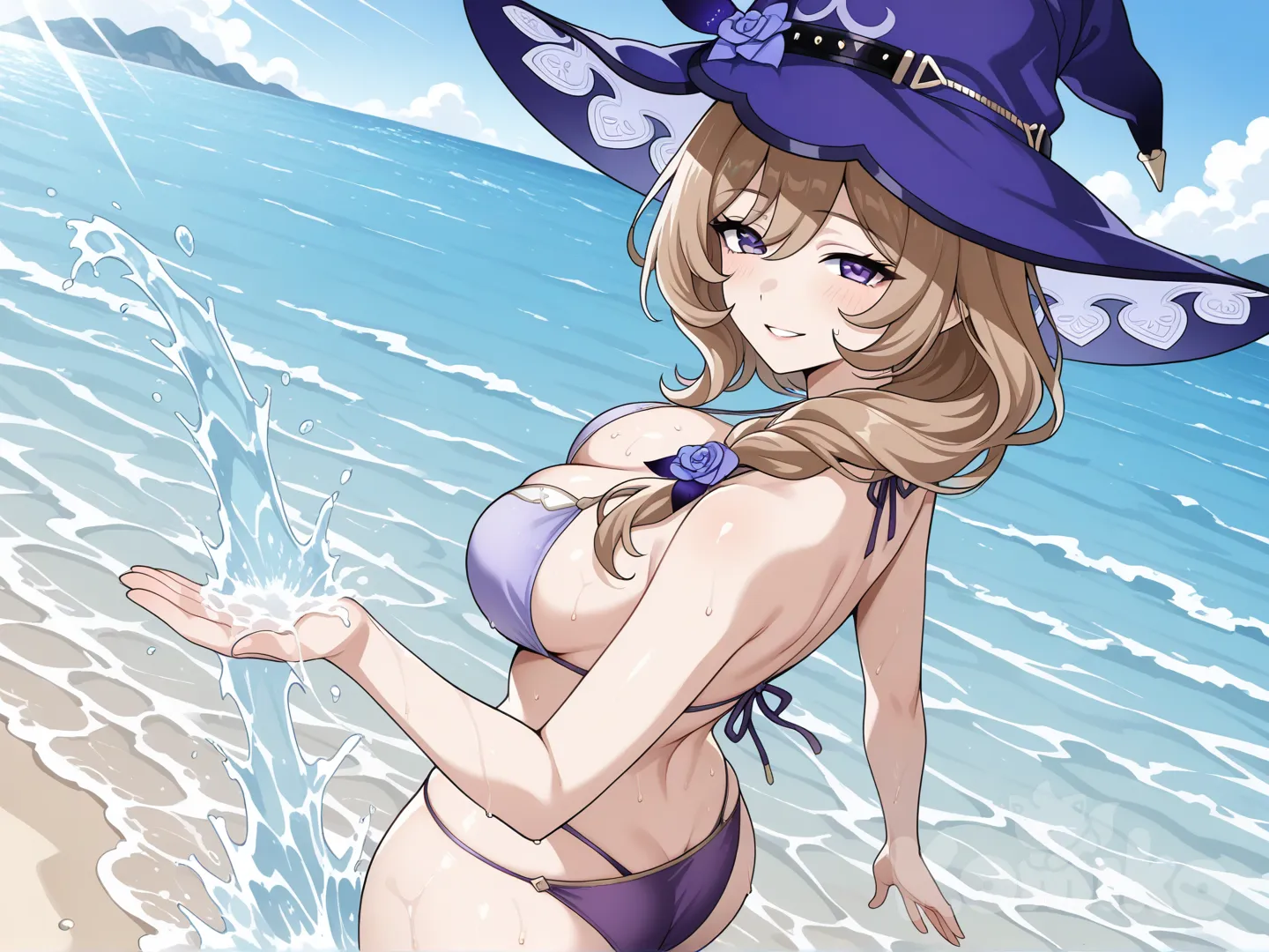 @Lisa_(Genshin_Impact) (big cool sister)
#big sister style , good figure ,
#side view
# upper body (Focus on the upper body, from the waist up.)
#looking at viewer #full body#, up view , #full body ,from above , day , funny , relaxed, anime style ,
#cool post
, soft purple bikini
relax , Taking a stroll, play water on a beach , splash , in a sunnyday , in the beach , It has a view of the sea and beach as a backdrop