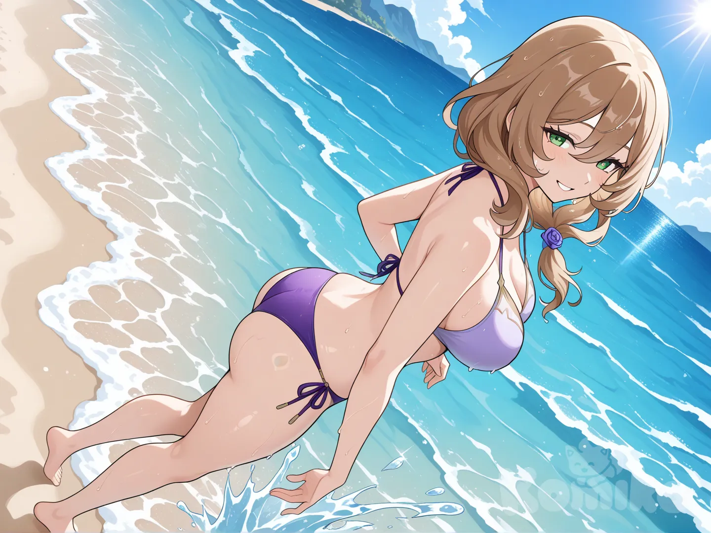 @Lisa_(Genshin_Impact) (big cool sister) 

#big sister style , good figure , 

#side view 

 # upper body (Focus on the upper body, from the waist up.)

#looking at viewer #full body#, up view , #full body ,from above , day , funny , relaxed, anime style , 

#cool post

, soft purple bikini

relax , Taking a stroll, play water on a beach , splash , in a sunnyday , in the beach , It has a view of the sea and beach as a backdrop