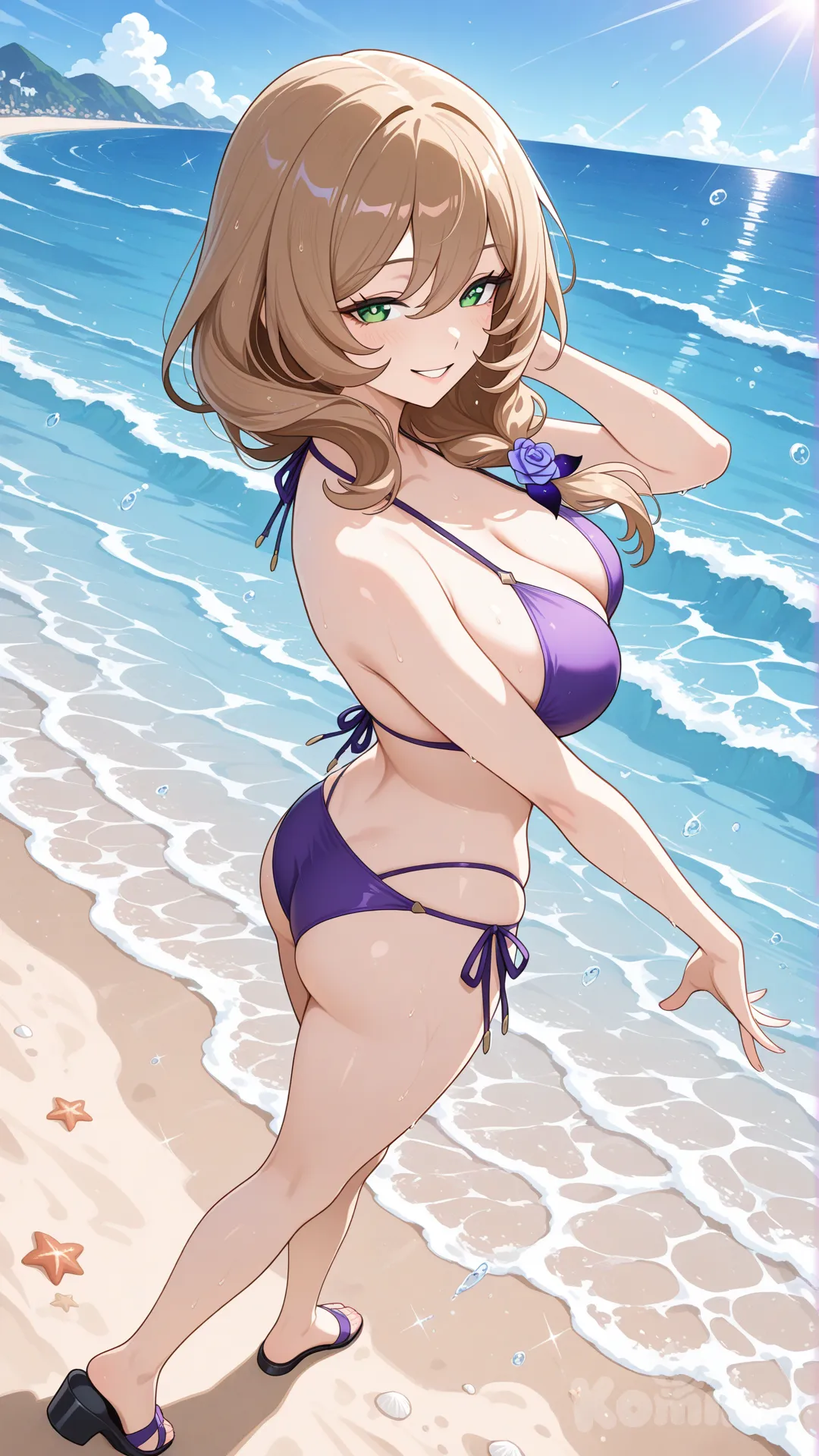@Lisa_(Genshin_Impact) (big cool sister)
#big sister style , good figure ,
#side view
# upper body (Focus on the upper body, from the waist up.)
#looking at viewer #full body#, up view , #full body ,from above , day , funny , relaxed, anime style ,
#cool post
, soft purple bikini
relax , Taking a stroll, play water on a beach , splash , in a sunnyday , in the beach , It has a view of the sea and beach as a backdrop