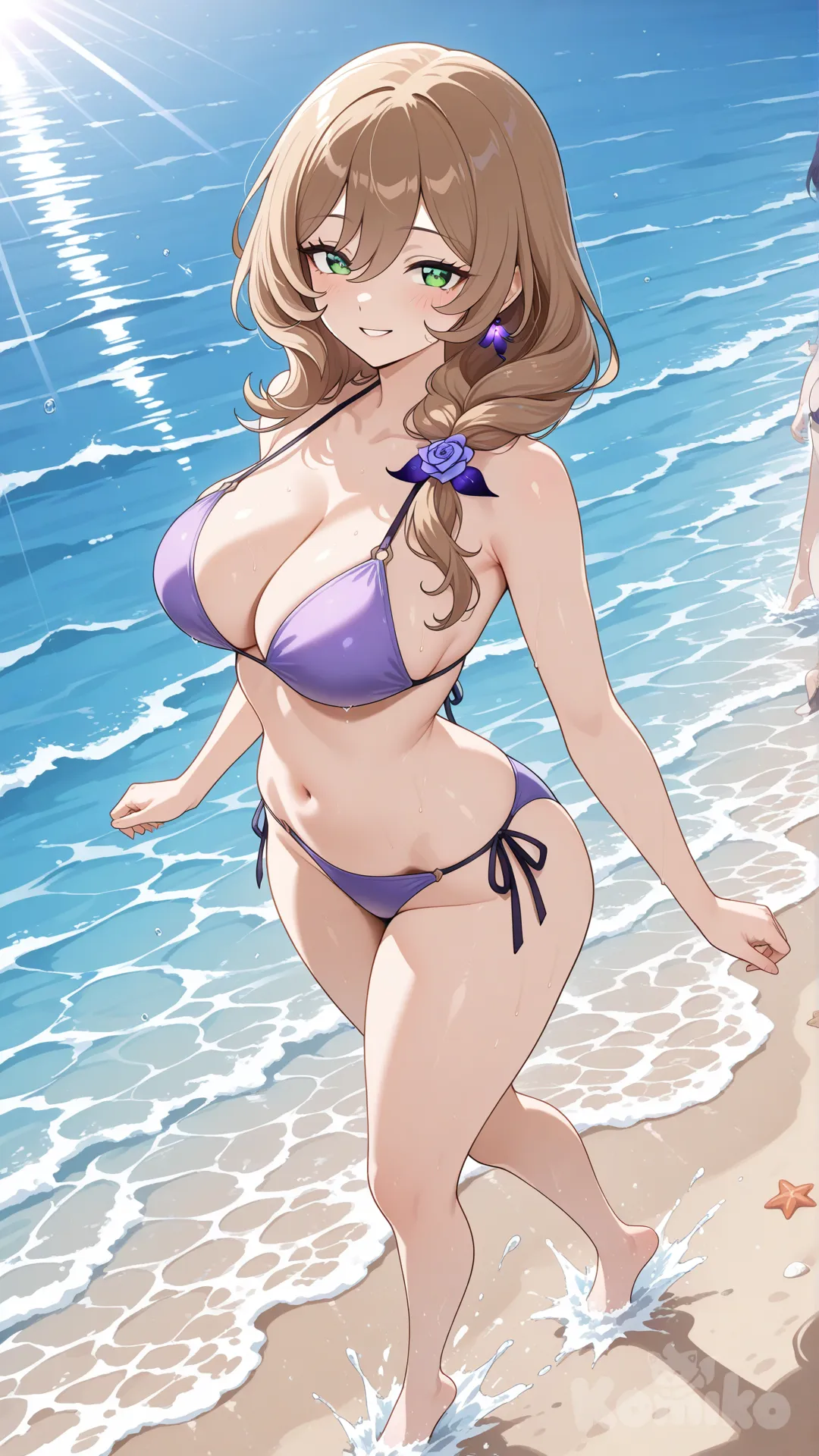 Lisa (Genshin Impact) (big cool sister)
#big sister style , good figure ,
#side view
# upper body (Focus on the upper body, from the waist up.)
#looking at viewer #full body#, up view , #full body ,from above , day , funny , relaxed, anime style ,
#cool post
, soft purple bikini
relax , Taking a stroll, play water on a beach , splash , in a sunnyday , in the beach , It has a view of the sea and beach as a backdrop