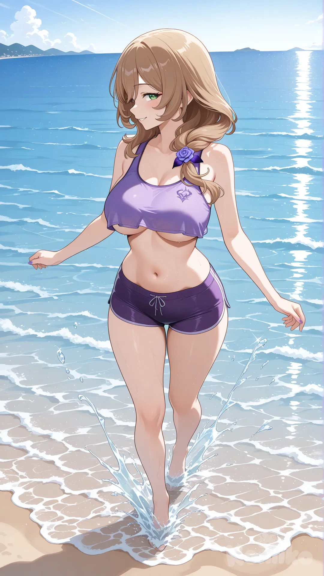 @Lisa_(Genshin_Impact) (big cool sister)
#big sister style , good figure ,
#side view
# upper body (Focus on the upper body, from the waist up.)
#looking at viewer #full body#, up view , #full body ,from above , day , funny , relaxed, anime style ,
#cool post
, soft purpleThin Cropped tank top , Shorts for swimming
relax , Taking a stroll, play water on a beach , splash , in a sunnyday , in the beach , It has a view of the sea and beach as a backdrop