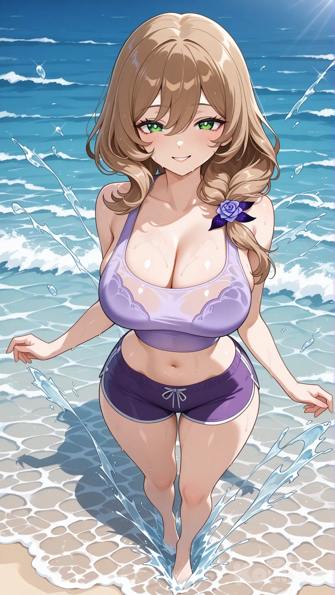 It has a view of the sea and beach as a backdrop