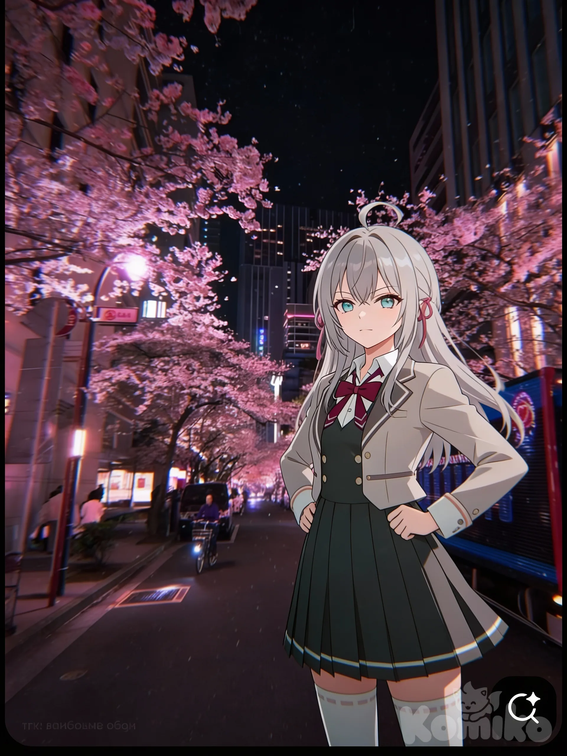 Alya la personaje femenina con un fondo que está en kioto Japón de noche con una posición desafiante pero tranquila