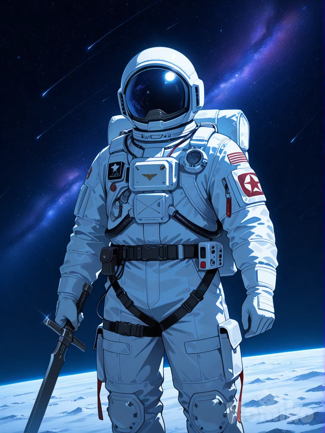 1boy, holding sword, spacesuit, starry sky, cosmic background