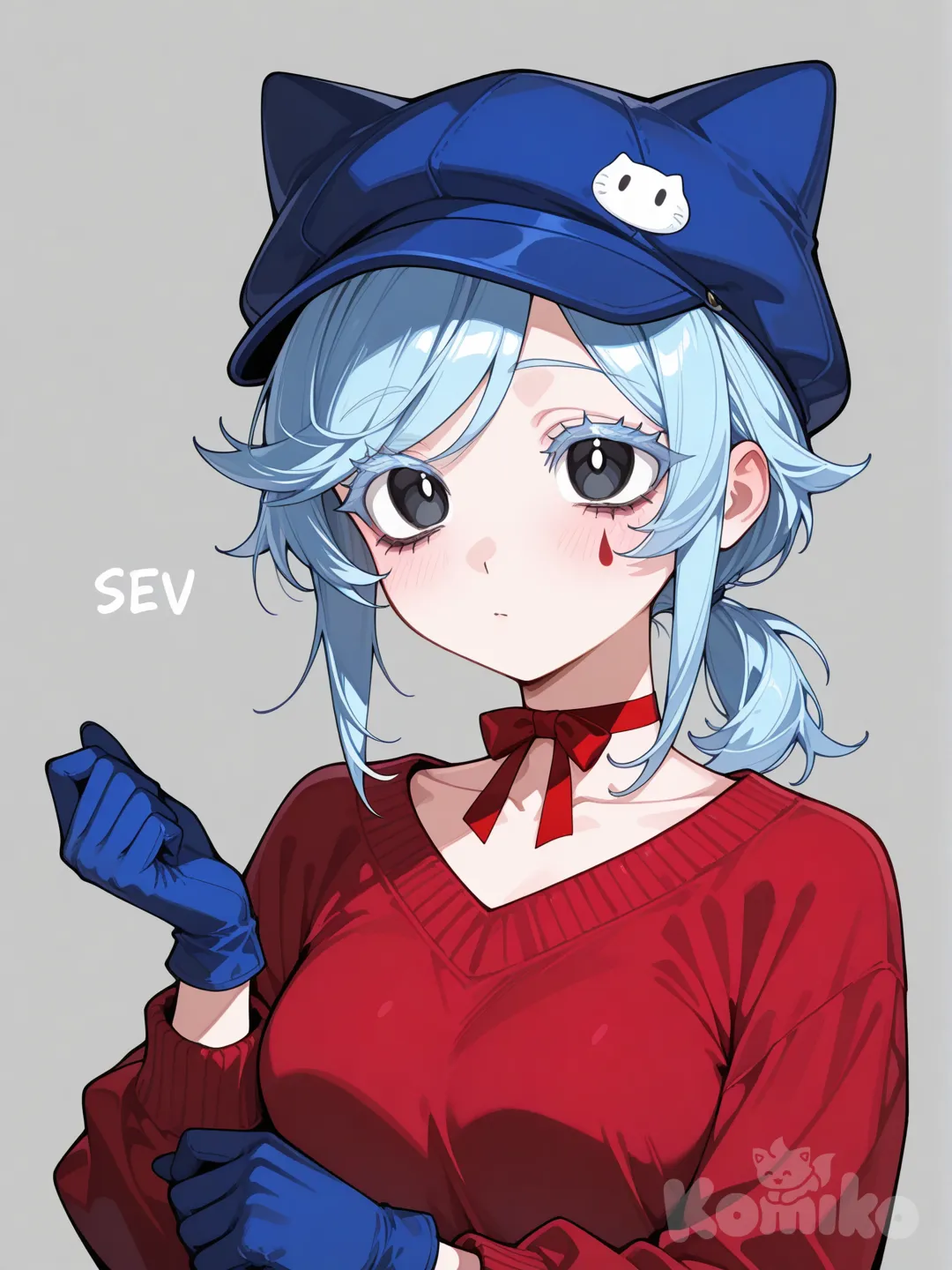 1girl, cappie, blue hair, swept bangs, sidelocks, low ponytail, hair strand, black eyes, colored eyelashes, ribbon choker, red choker, collarbone, teardrop tattoo, tareme, blue gloves, medium breasts, blue hat, cat hat, mascara, red sweater, hands