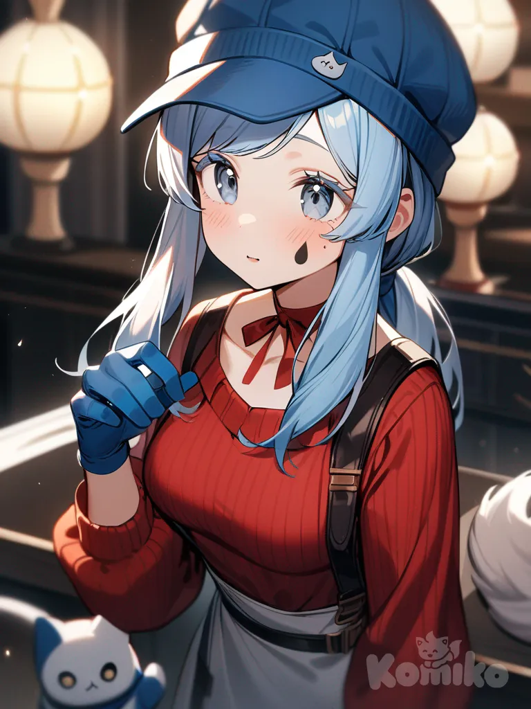1girl, cappie, blue hair, swept bangs, sidelocks, low ponytail, hair strand, black eyes, colored eyelashes, ribbon choker, red choker, collarbone, teardrop tattoo, tareme, blue gloves, medium breasts, blue hat, cat hat, mascara, red sweater, hands