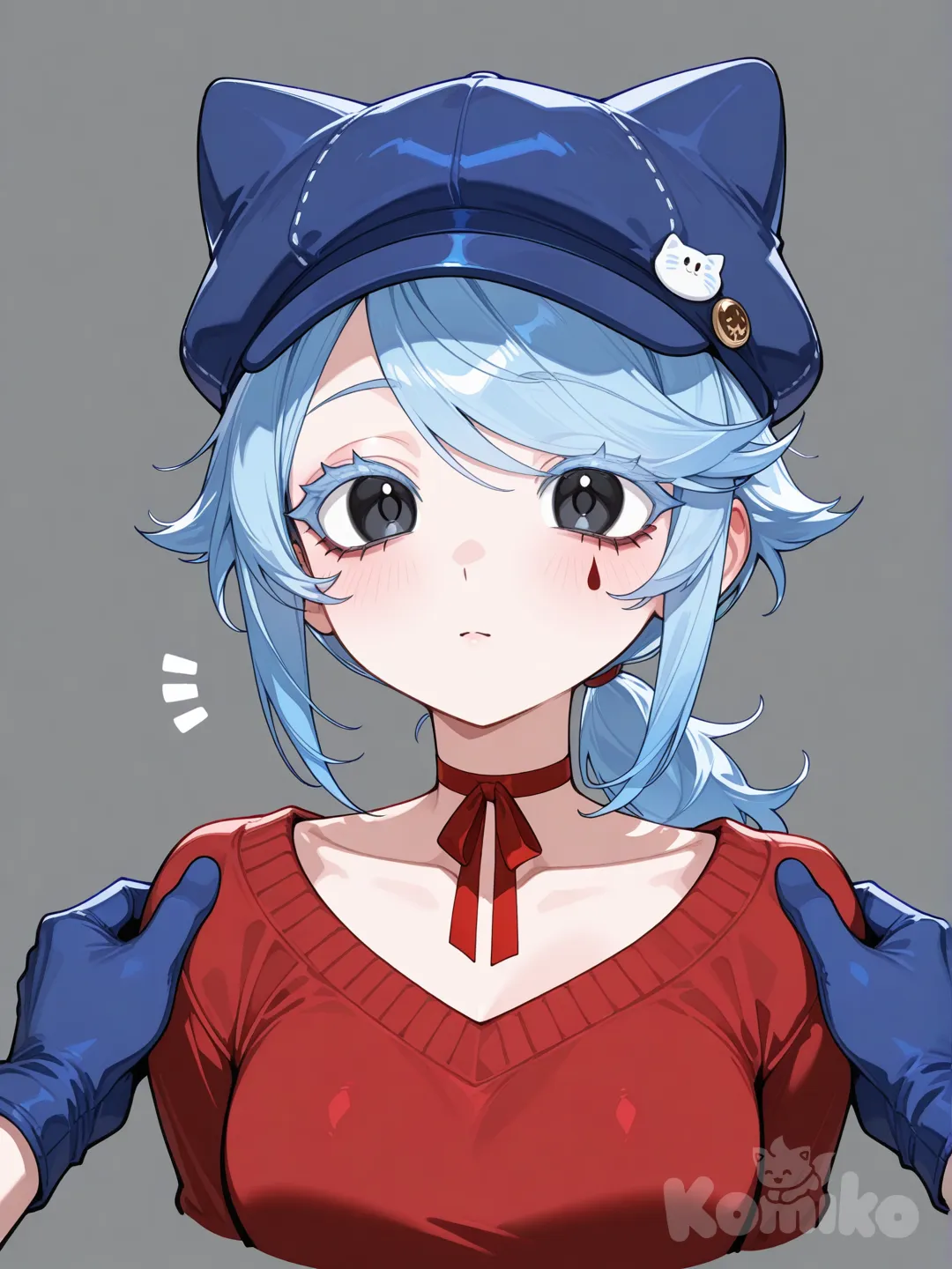 1girl, cappie, blue hair, swept bangs, sidelocks, low ponytail, hair strand, black eyes, colored eyelashes, ribbon choker, red choker, collarbone, teardrop tattoo, tareme, blue gloves, medium breasts, blue hat, cat hat, mascara, red sweater, hands