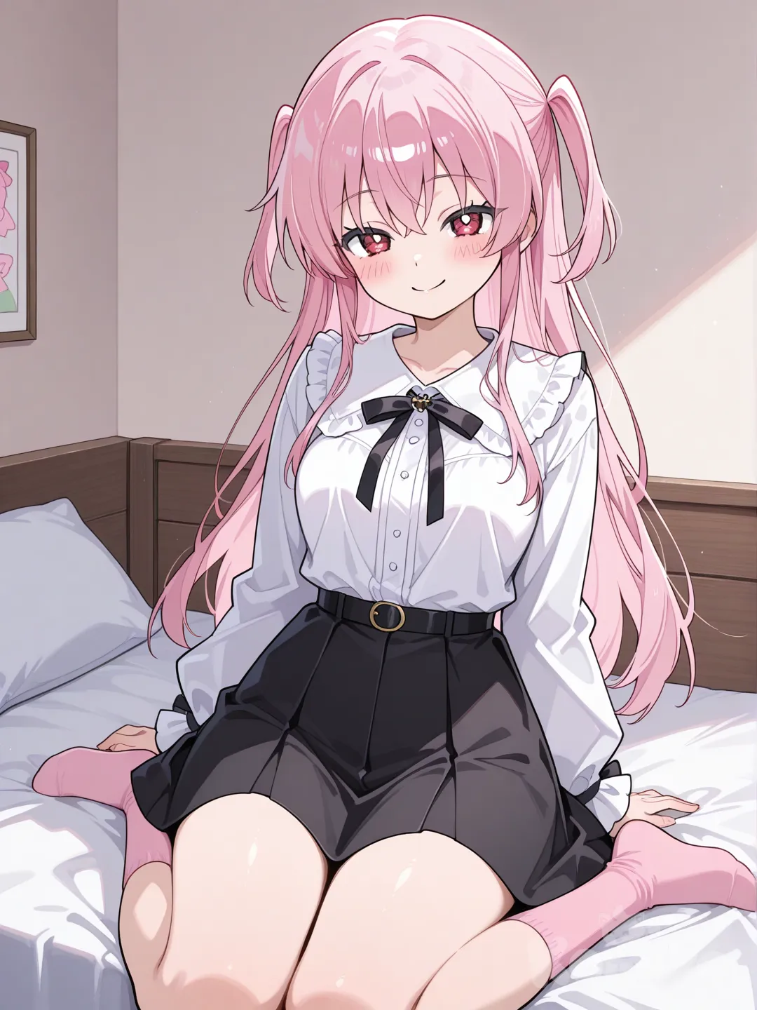 1girl, tsukasa yuzaki\(tonikaku kawaii\), red eyes, pink hair, medium breasts, looking at viewer,pull on a long white sleeve, black skirt, pink socks , ultra smile, blush, sitting on the bed