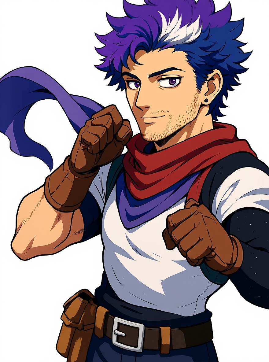 1boy, my hero academia style, original character, mature, tall, athletic, blue hair, purple hair, silver hair, short hair, undercut, purple eyes, silver highlights in eyes, single character, full body, looking at viewer, anime style, simple background, white background