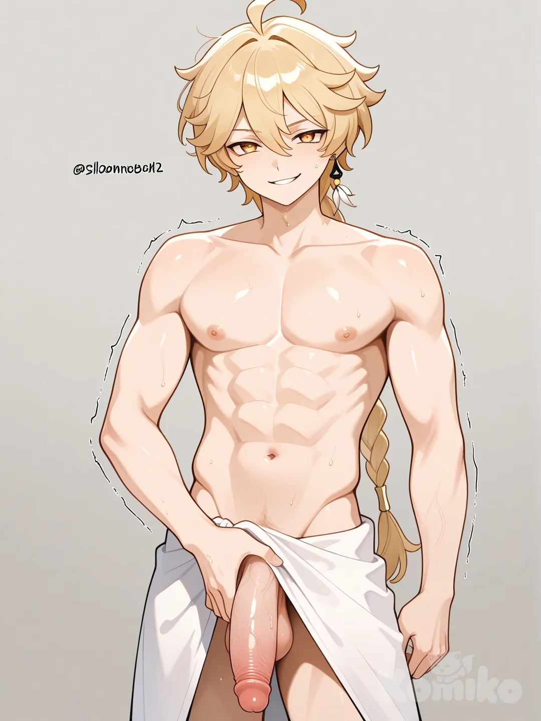 @Aether_(Genshin_Impact) , Swinging penis with hands , large penis, evil smile, naked towel, flaccid