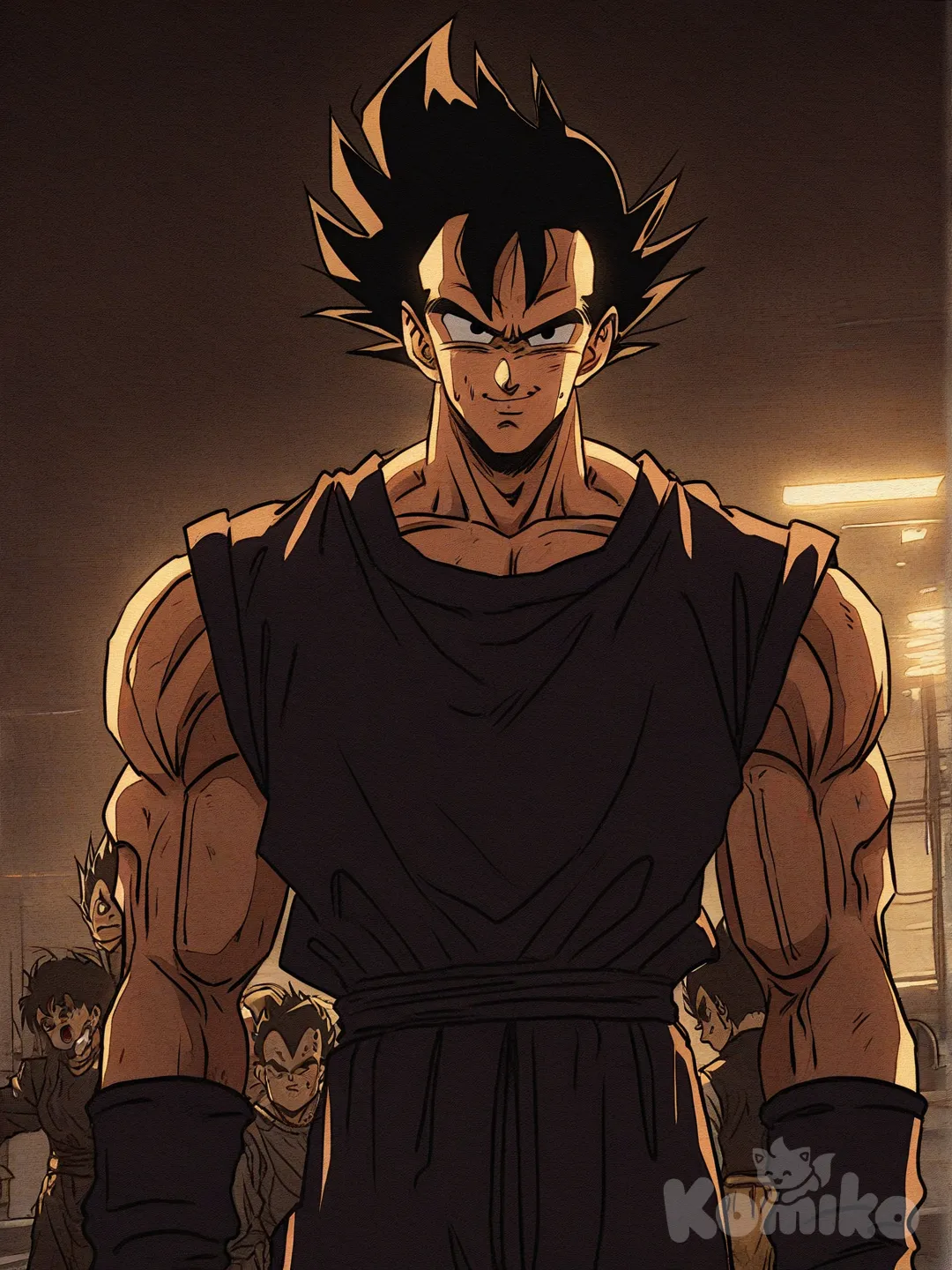@Son_Goku, @Vegeta, back to back, gym, [action-manga-style], smile