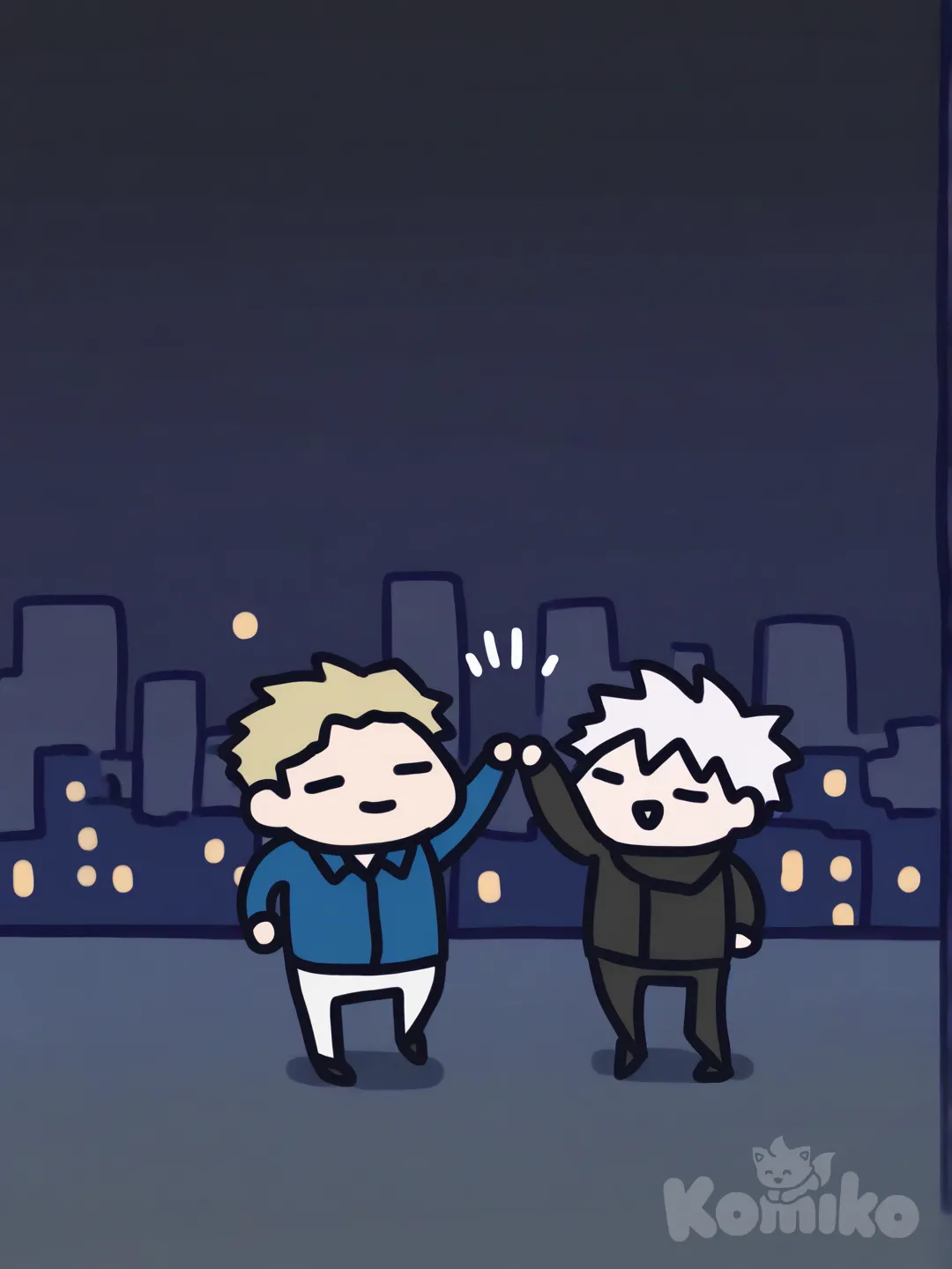 @Gojou_Satoru, @Nanami_Kento, [doodle-style], dancing, high five, smile, cityscape