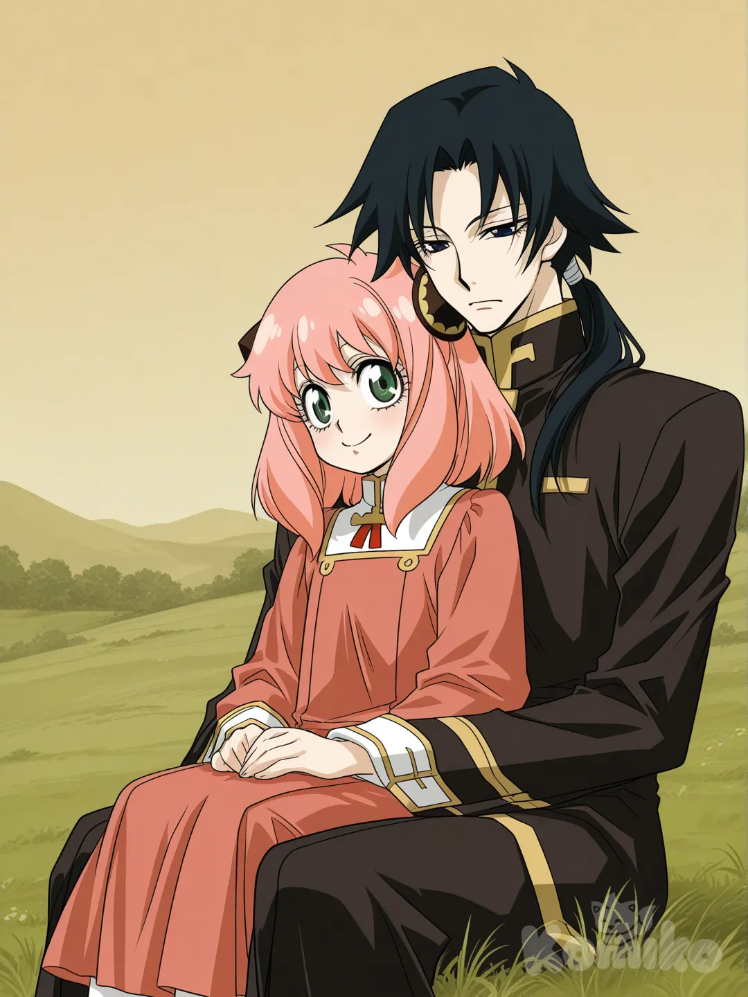 @Anya_(Spy_X_Family), @Tomioka_Giyuu, [retro-anime-style], sitting on lap, grassland