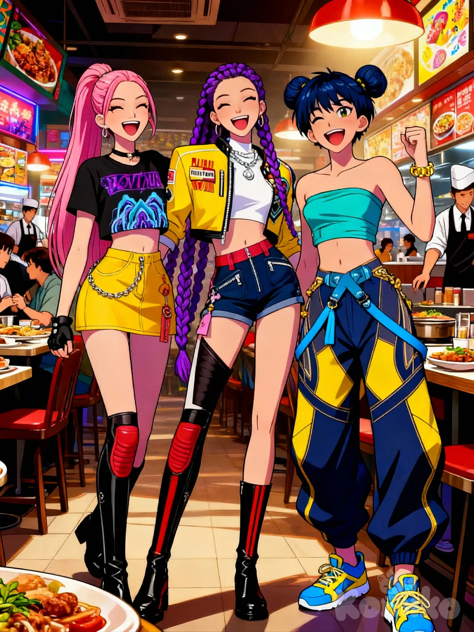 @Mira, @Rumi, [action-manga-style], smile, restaurant, @Zoey