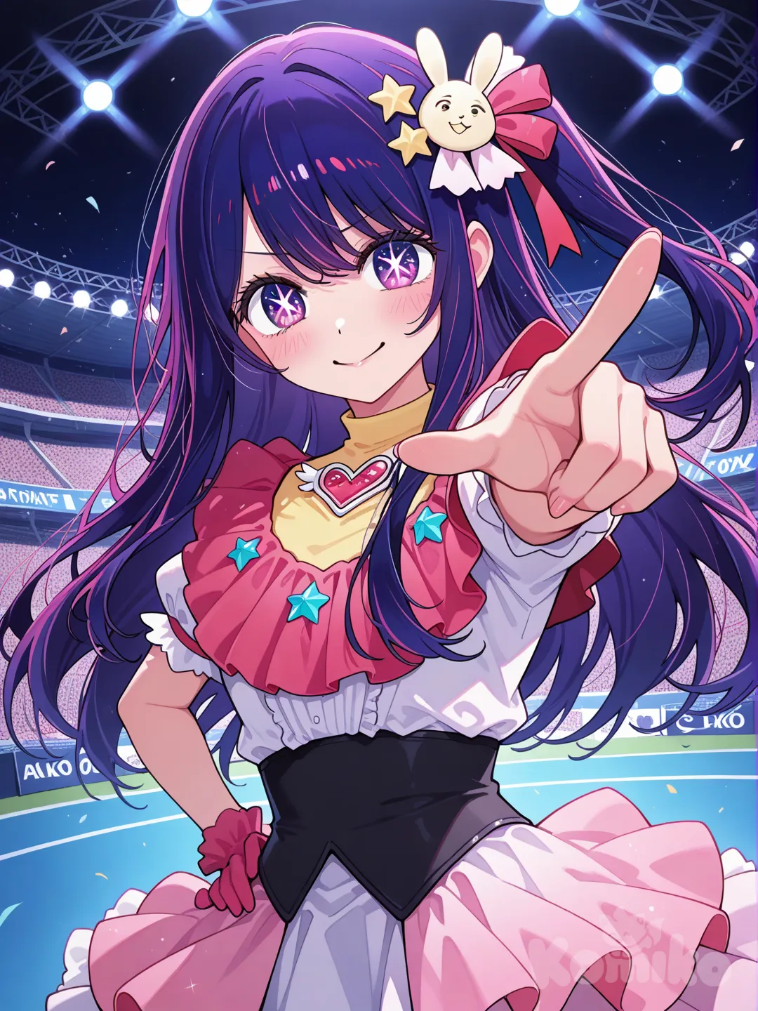 @Hoshino_Ai_(Oshi_No_Ko), pointing at viewer, stadium