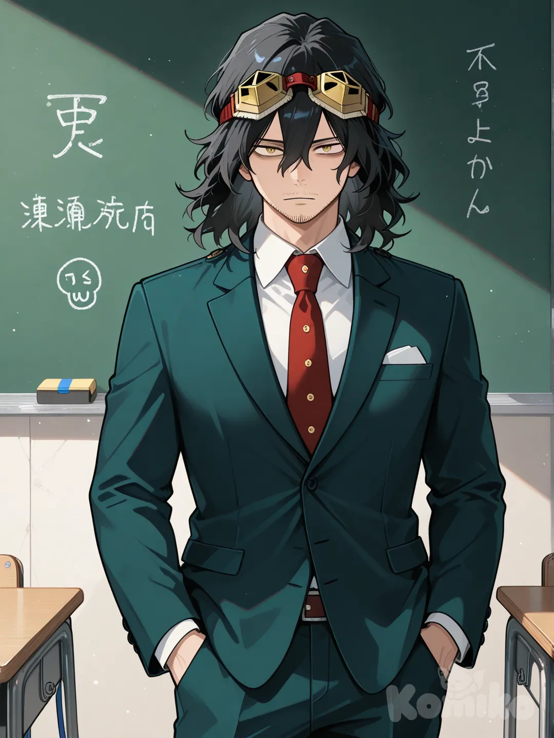 @Eraser_Head_(Boku_No_Hero_Academia), classroom, hands in pockets