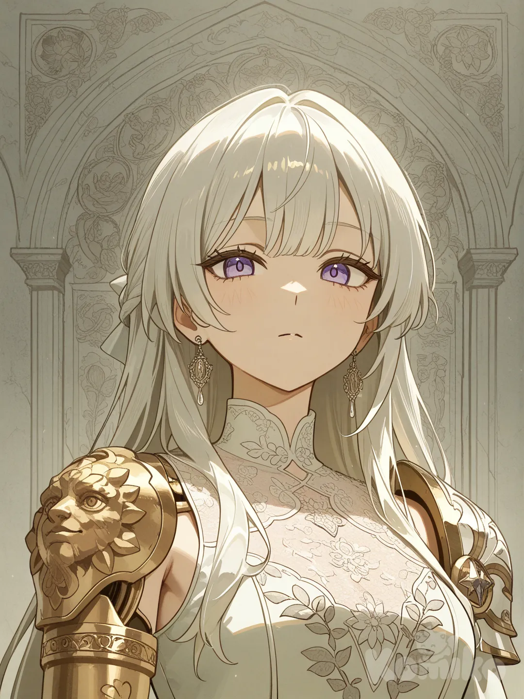 Prótesis para brazo blanca con relieves griegos y que simule estar hecha de mármol