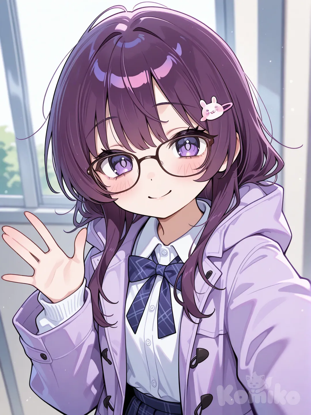 A kawaii 16 years old girl, nearsighted, glasses, student uniform, purple coat, cute greeting, cute smilr