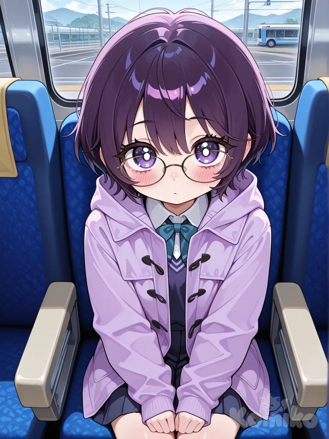 A kawaii 16 years old girl, nearsighted, glasses, student uniform, purple coat, sitting on a bus seat