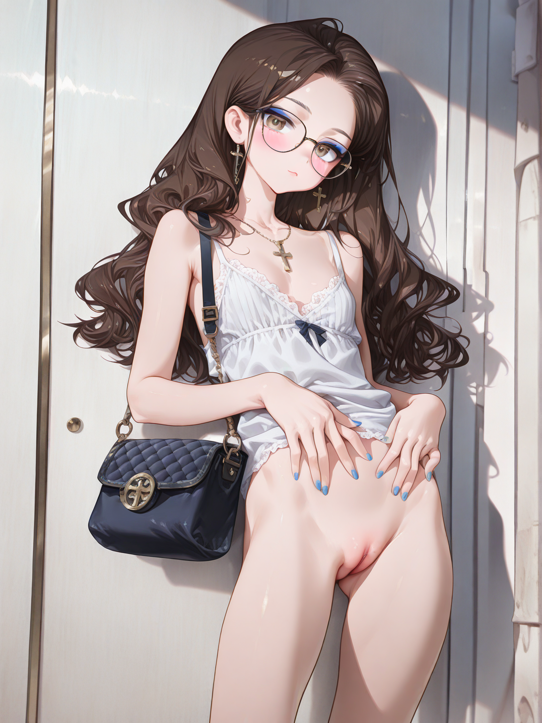 Young female, hazel eyes, no panties, looking at viewer, blue eye shadow, pink lipstick, black eyeliner, black mascara, day, medium makeup, showing pussy, 1girl, small butt, standing, blushing, prone, Sleep facing forward, No bra, No pants,[high-gloss-illustration-style], @yumi-hayashi-lf99