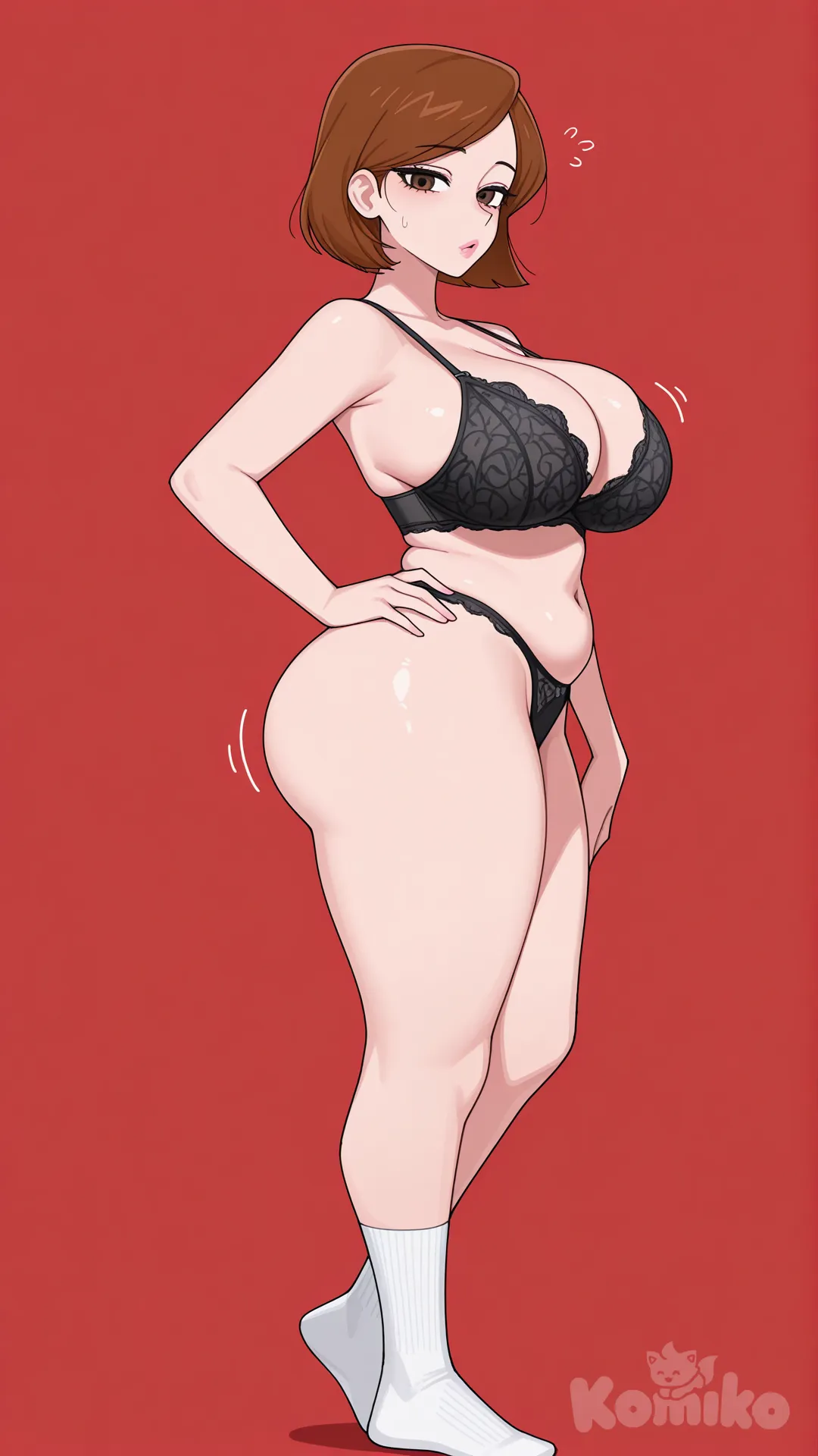 Helen Parr ,Los Increíbles ,disney,Pixar Studios , madre, madre, realistic boobs and big ass, hotwife,milf, mature female,big wide hips,chubby, short hair, labios rosados, cabello castaño rojizo, ojos marrones,sin lentes, black lingerie set, white socks, sticking hip out, submissive, curious expression, [toon-shaded-style], full body