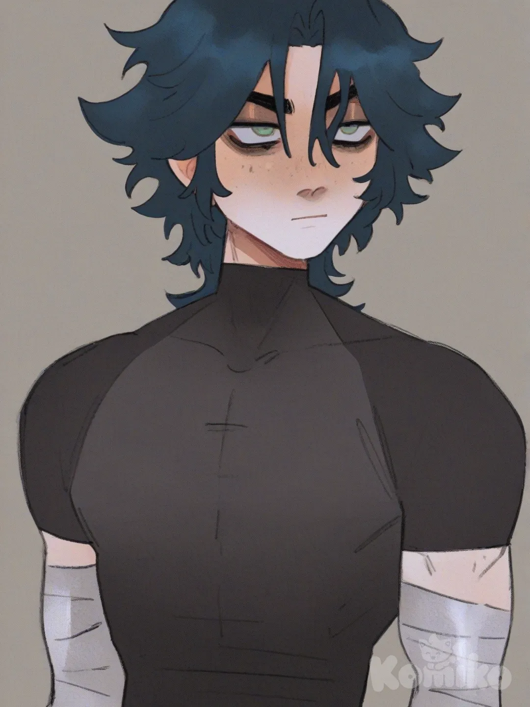 [soft-shaded-moe-style], messy blue hair, male, muscular, skin tight shirt, slanted eyes, looking off into space