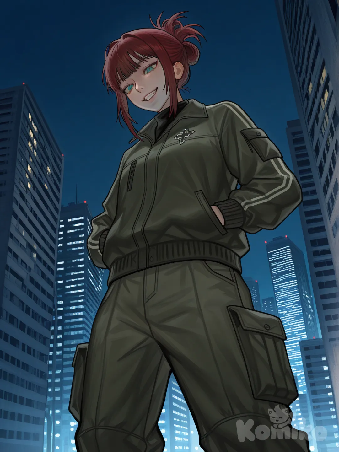 1girl, hands in pockets, evil smile, outdoor adventure jacket, cargo pants, updo, straight bangs, burgundy hair, green-blue eyes, from below, city lights, cityscape, [digital-painterly-style]