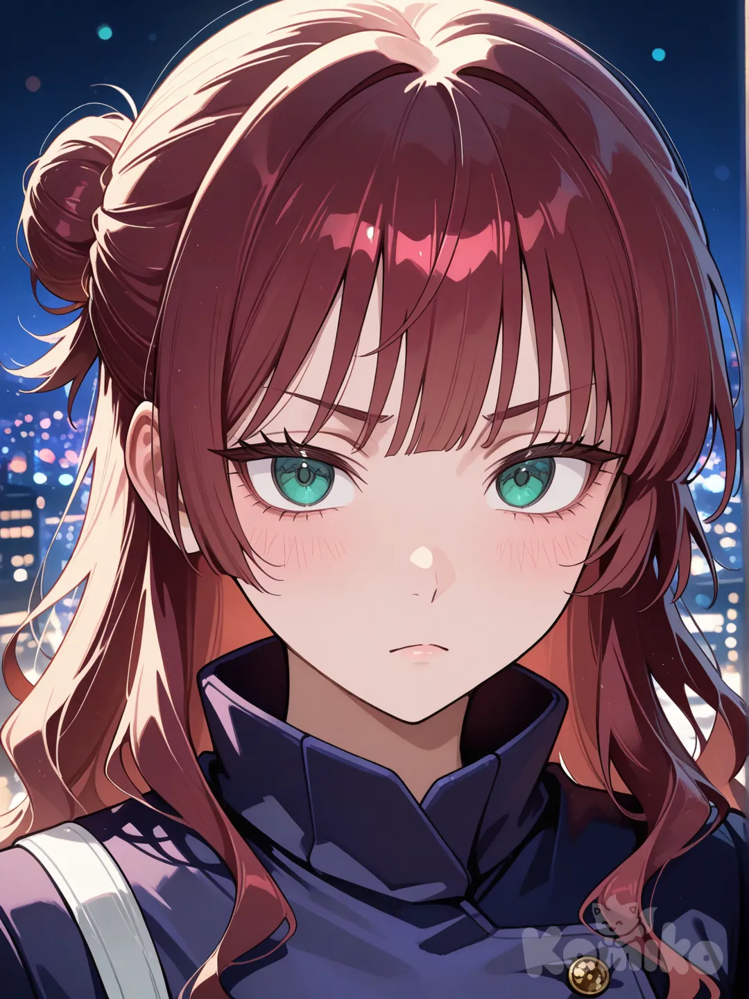 jujutsu kaisen, 1girl, frown, wavy hair, bun, straight bangs, burgundy hair, green-blue eyes, portrait, cityscape, city lights
