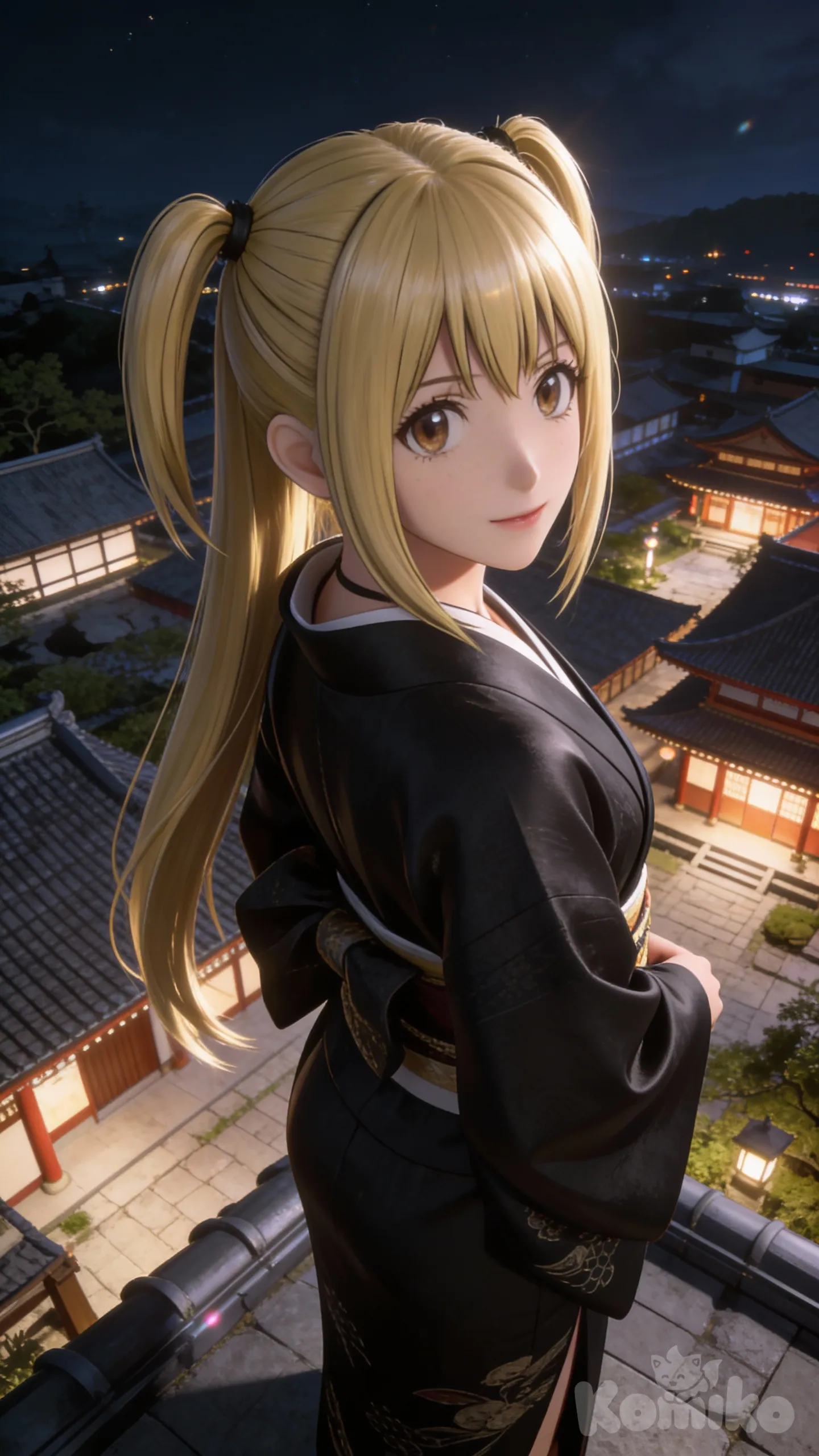 @Misa_Amane , black kimono, looking back, bird's-eye view, night, village, [3d-anime-style]