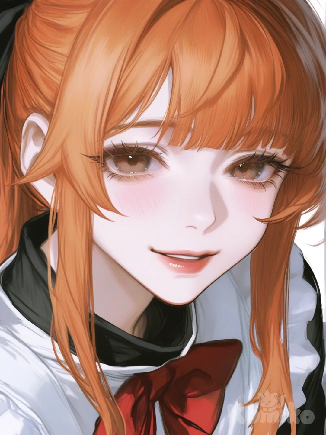 1 girl, solo, long hair, orange hair, brown eyes, long ponytail, cut bangs, medium-length sidebangs which curl into her face, long black sleeves, white shirt underneath, red bow, smile, headshot, upper body, front profile photo, [semi-realistic-portrait-style]