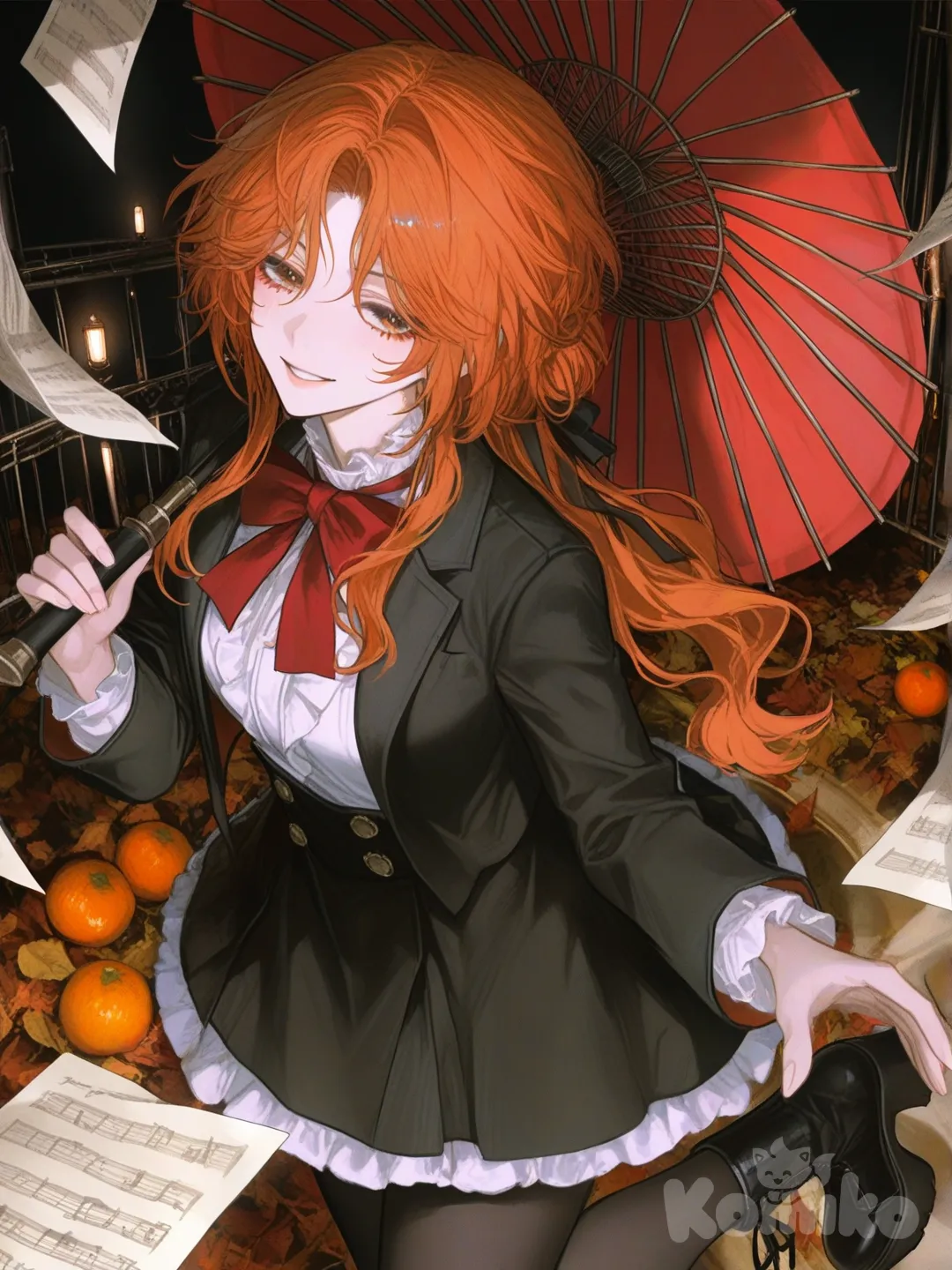 1 girl, solo, long hair, orange hair, brown eyes, long ponytail, wavy hair with a puffy fringe that covers her forehead, cut bangs, medium-length sidebangs which curl into her face, long black sleeves, white shirt underneath, black jacket, red bow on the chest, black skirt, pantyhose, black boots, (Honkai:Star Rail), Trailblazer (Honkai:Star Rail)
Background
Setting: The background within the frame is a bright, ethereal palette of reds, oranges, yellows, and white, suggesting a magical or cosmic setting.
Surrounding elements: Outside the main frame, the background is a solid white color. There are some autumn leaves falling in traditional East Asian-style stage and lanterns can be seen, creating a serene and ancient atmosphere, a gold sheet music is floating, geometric, and crystalline around the character, this lead to the song
Pose: shown in a dynamic pose, with one leg bent and the other extended, appearing to be performing or dancing on a stage-like platform. Her arms are raised and bent, and she is looking to the side, a dynamic, action-oriented pose, with her body twisted and her hair and sashes flowing as if in motion. She appears to be in the middle of a dance or an attack, holding her red umbrella ready.
The setting: She is standing on a stage-like platform, possibly a music box, with a large golden gramophone horn behind her. 
Atmosphere: The scene is decorated with glowing lights, musical notes, and scattered papers, creating a whimsical and musical atmosphere. 
Background and Design: suggesting her profession as a dancer. She is positioned on a platform surrounded by a cage-like structure of golden bars, with autumn leaves and papers floating around her. The overall design elements combine musical and theatrical motifs, with a color palette of reds, golds, and muted tones., [semi-realistic-portrait-style]