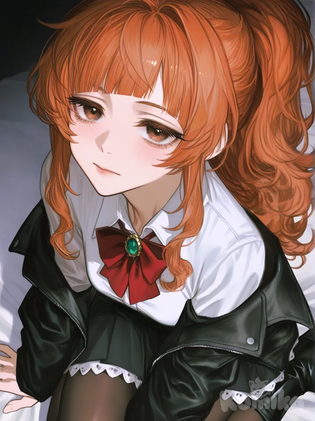 1 girl, solo, long hair, orange hair, brown eyes, long ponytail, wavy hair with a puffy fringe that covers her forehead, cut bangs, medium-length sidebangs which curl into her face, long black sleeves, white shirt underneath, black jacket, red bow on the chest, black skirt, pantyhose, black boots, [semi-realistic-portrait-style]