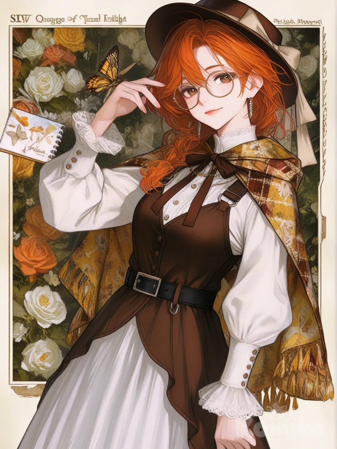 The girl had long, silky orange hair, tied back with a small ribbon, leaving a few strands of hair loose on both sides of her cheeks, highlighting her gentle and intelligent face. She wore a pair of thin, round glasses, adding to her intellectual and graceful appearance. Her light brown eyes exuded a gentle, refined look — like someone always immersed in the world of books and art. She wore a small brown hat with a bow and decorative fabric flowers, tilted slightly to one side, creating a gentle highlight. Her white blouse with a high collar with puffed shoulders and long sleeves that hugged the wrists was decorated with lace and a light brown ribbon bow at the neck, exuding elegance. The hem of the dress has a short, light brown, golden-colored cape with delicate lace trim, making the overall look more classic. The wide black belt hugs the waist to flatter the figure, perfectly matching the cream-colored long skirt with a classic botanical print — on which are images of flowers, butterflies, birds, stamps, postcards, and faint French text. These patterns are like specimen pages in a “botany art” notebook, both ancient and poetic. The hem of the dress has a wavy dark brown hem, accented with metallic butterfly motifs and a golden zigzag border, making the dress both soft and visually deep. She wears thin black lace-patterned stockings and light brown low-cut leather shoes with small button motifs — gentle but meticulous to every detail., [semi-realistic-portrait-style]