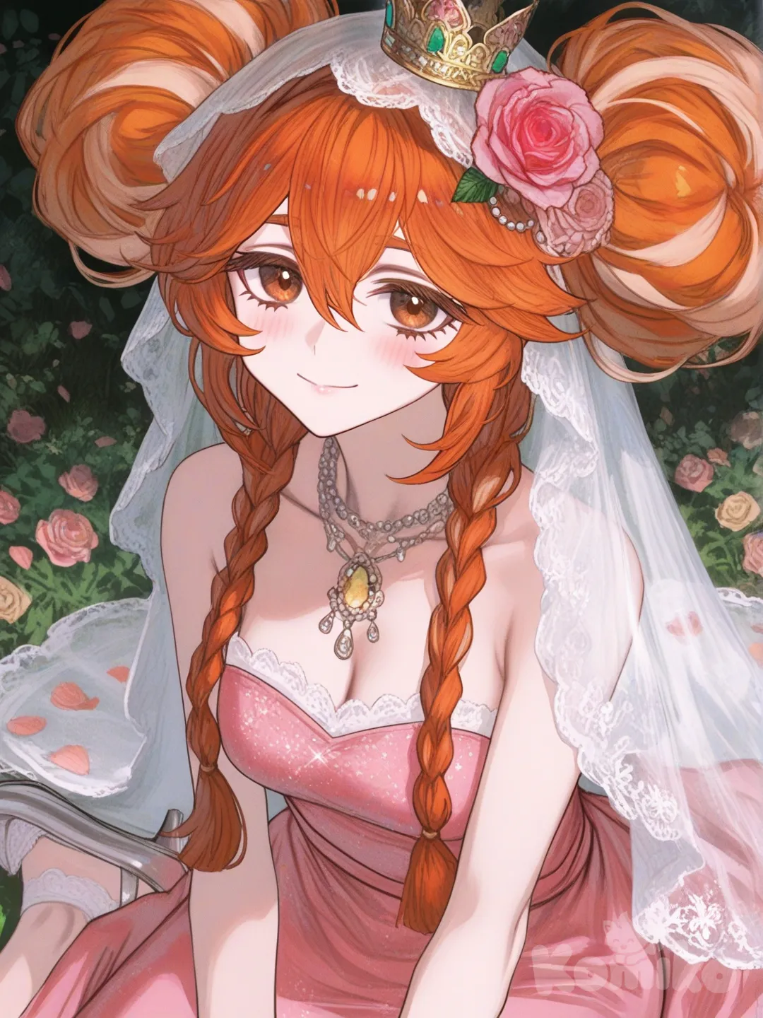 She had orange hair, cut to shoulder length, slightly curled, and covered with a thin veil decorated with gems. Her hair shone lightly under the sunlight filtering through the trees, making her look like a fairy forest spirit with brown eyes.

Her outfit was a long pastel pink evening gown, the chiffon material shimmering like morning dew. The sleeves were soft rose-colored puffs, the chest and upper body were decorated with glitter and delicately embroidered flowers. The skirt was layered, creating a fluttering and soft feeling, like flower petals blooming in the wind.

She wore a crystal necklace and a small crown decorated with pearls and silver patterns. On her feet were white lace shoes with a hint of pink, making the overall look even more graceful., [semi-realistic-portrait-style]