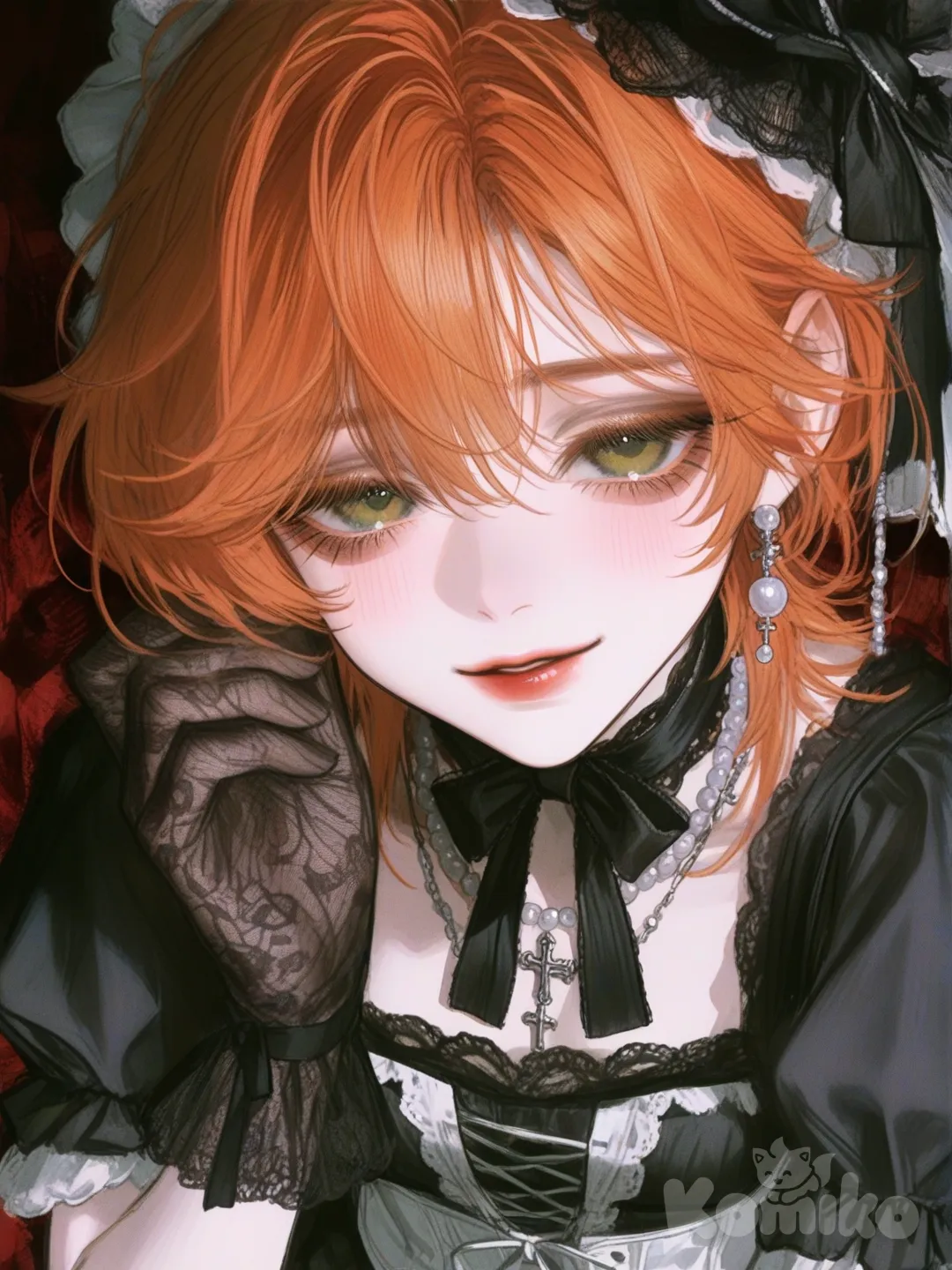 Face & Hair:
Heart-shaped face, very bright skin, almost crystal.
Big eyes, slightly sad/ghostly brown; thick eyeliner & eyeliner, batwing pattern or small makeup marks at the corners of the eyes — adding to the “unique” look.
Long, straight, smooth orange hair, hanging down to the hips; straight bangs cut into the background to add youthfulness to the face.
Attire:
Classic lolita dress in plum/burgundy color, black lace with baroque pattern on the neck and chest.
Close-fitting bodice, light corset with cross straps and lace; short puffy sleeves in puff-sleeve style.
Floating skirt hem, many layers of fabric and lace, delicate lace trim.
Accessories:
Black lace headband or small hat on the head, with bow and fabric flowers.
Black mesh/voile gloves to the wrist, lace trim; one ear hanging pearl necklace with cross symbol — creating a religious/gothic feel.
Slightly red lips, dreamy smile but strange — both sweet and haunting., [semi-realistic-portrait-style]
