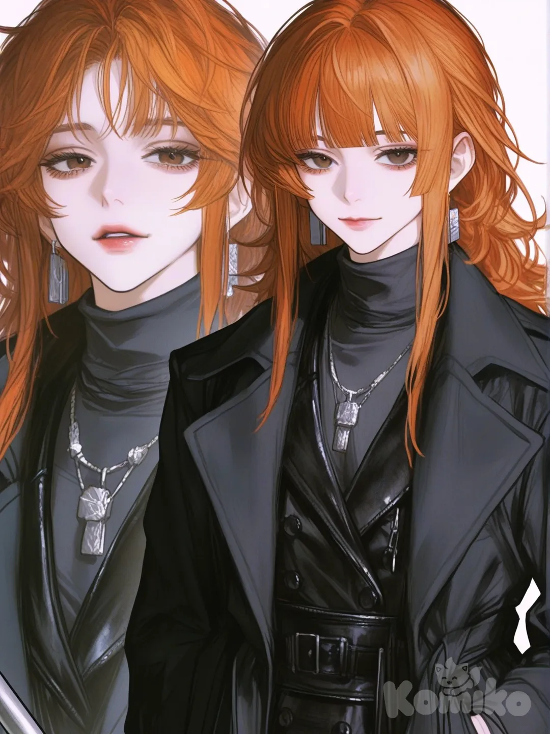 Face & Hair

Slim face, small nose, slightly pink lips.

Straight, orange hair, shoulder-length, blunt bangs covering the forehead — creating a sharp, cold look.

A sober, slightly deep brown eye, light makeup but the focus is on eyelashes and thin eyeliner.

Outfit

A black, knee-length, double-breasted trench coat with a wide belt at the waist. Form-fitting, thin wool coat-like material or matte synthetic leather.

Open V-neck, revealing a minimalist undershirt (can be a turtleneck or a thin vest).

Silver button details/hidden pockets for a “runway” highlight.

Accessories

A thin choker/necklace, triangular/metal block earrings — high-fashion style.

No large bags, creating a minimalist, professional look., [semi-realistic-portrait-style]