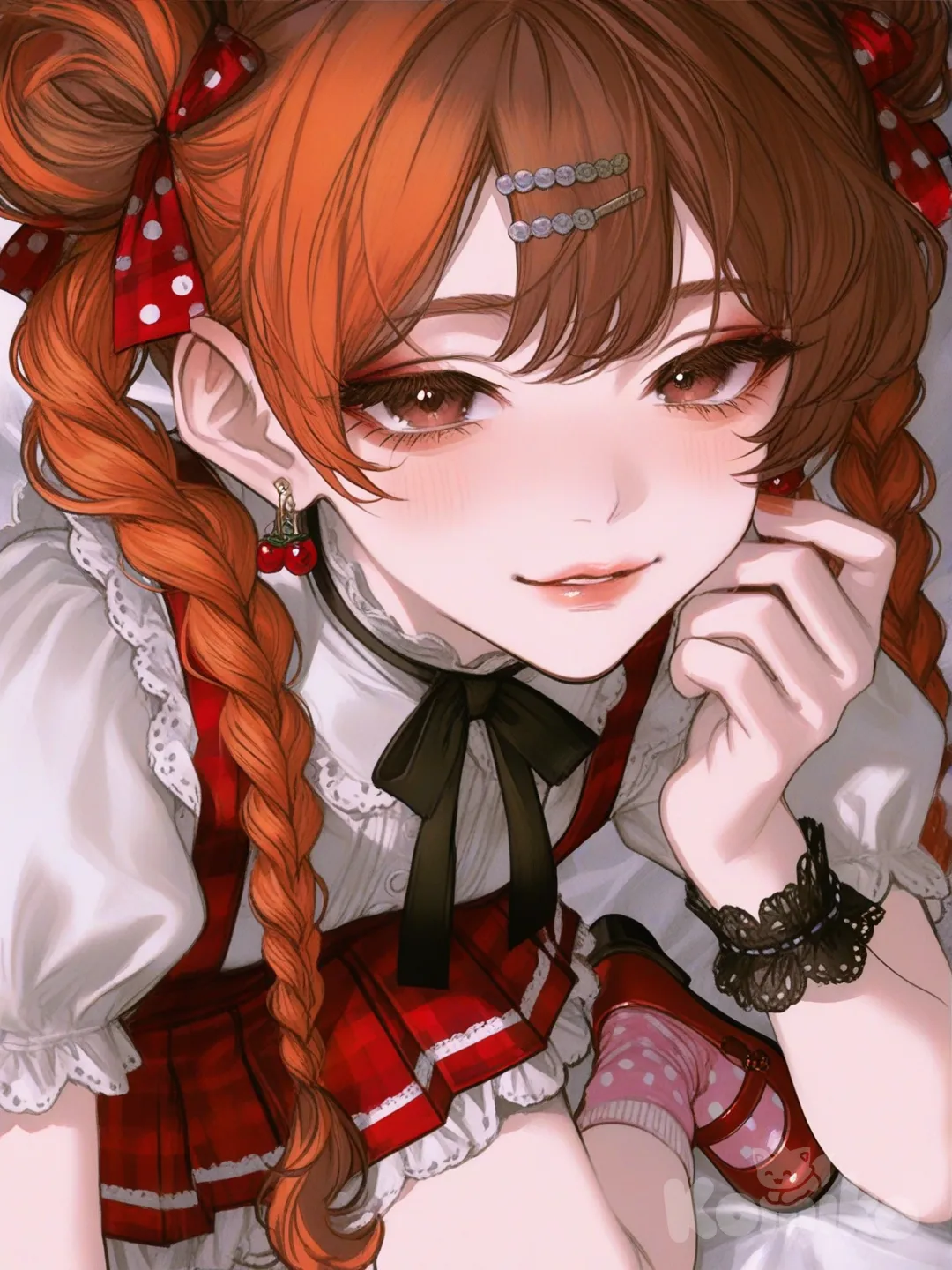 Face & Hair

Long pastel orange pigtails or bun, innocent face, big bright brown eyes. Natural makeup, rosy cheeks.

Outfit

Beige/rose peter-pan collar blouse/ruffled blouse, small puff sleeves.

Plum red pleated suspender skirt — high waist, flared.

Accessories: shoulder/bow accessories, cherry earrings, pastel socks.

Glossy red Mary Janes with big round bow — a stylish shoe, creating a “cute max” look.

Accessories

Bow hair clip, lace bracelet, dotted earrings — all emphasize the cute look., [semi-realistic-portrait-style]