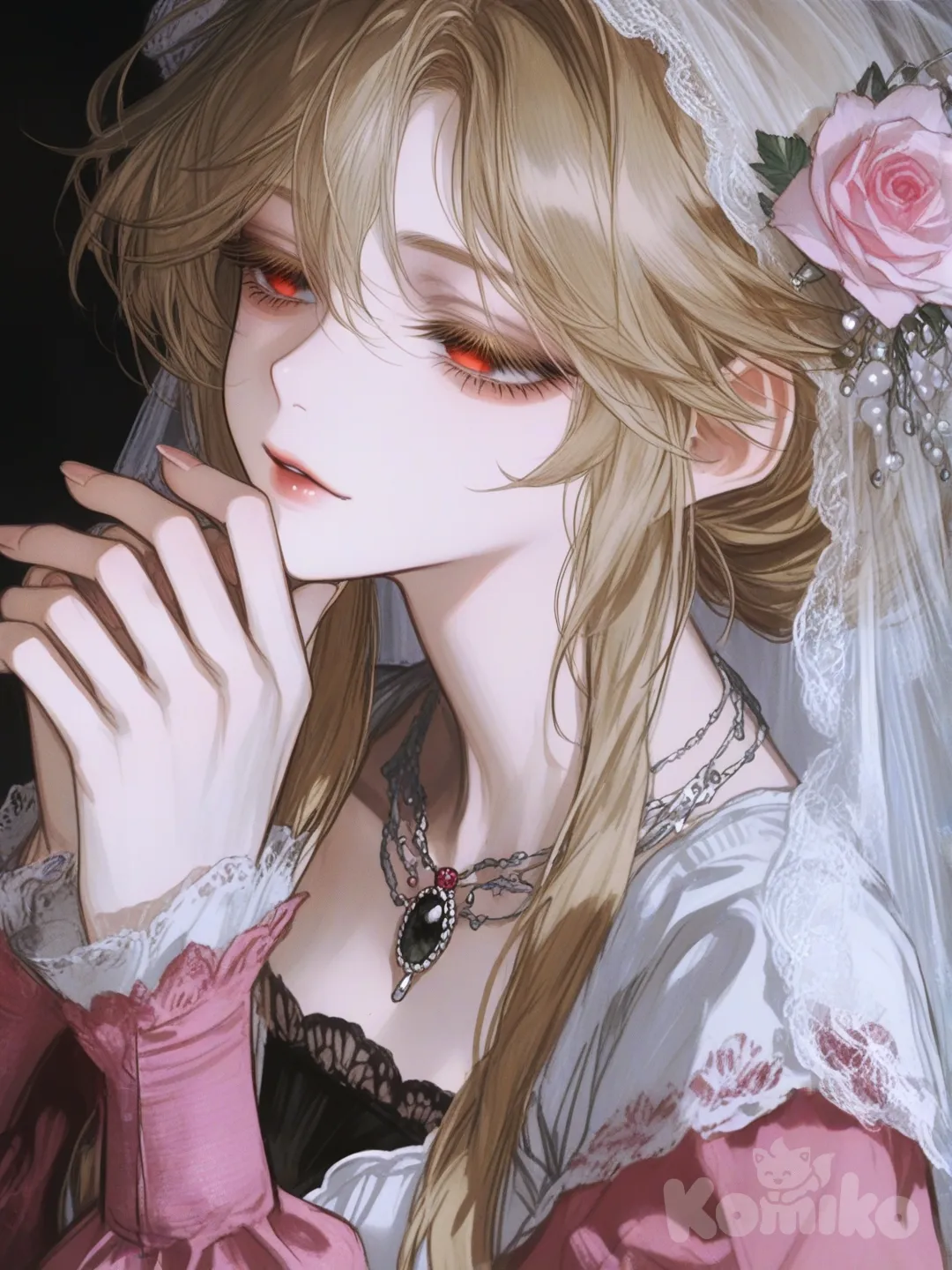 Hairstyle and Color: Long, intense blonde hair, partially tied up and pinned with a pink rose.
Outfit: She wears a white and red Dress, with an intricate white lace bodice. The pink sleeves are pink.
Accessories: She wears a red necklace with a black gem in the middle and a long white veil.
Posture: She is holding her hands together, her eyes are sunken with a pensive expression, [semi-realistic-portrait-style]