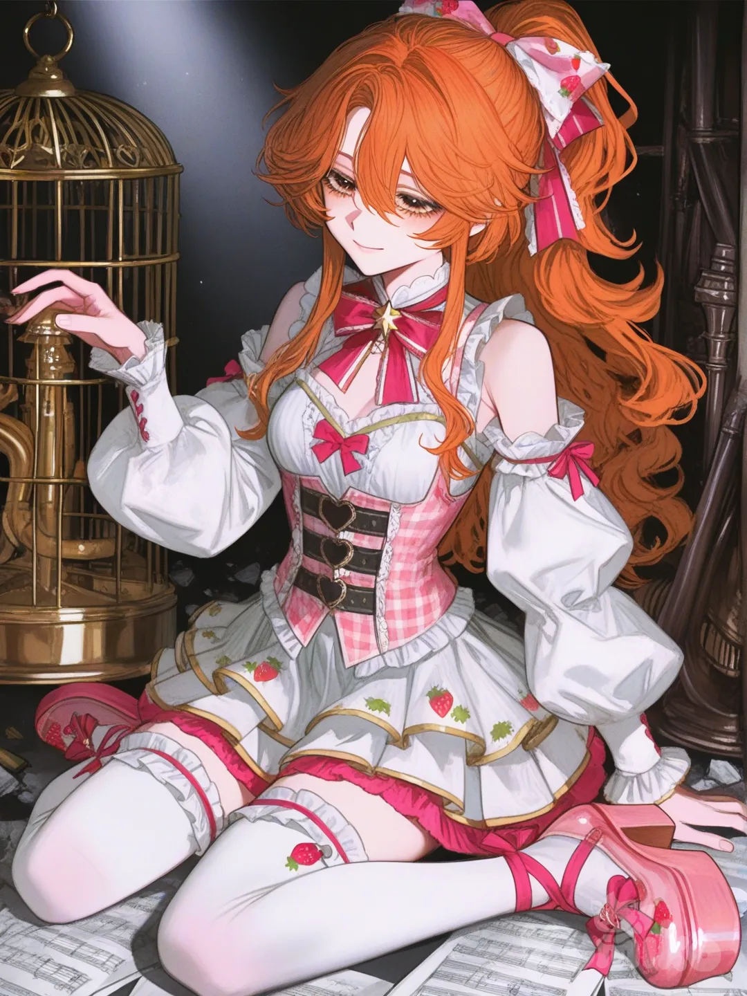 1 girl, solo, long hair, orange hair, brown eyes, long ponytail, wavy hair with a puffy fringe that covers her forehead, cut bangs, medium-length sidebangs which curl into her face.
Top: She wears a white blouse with a pink bow tie and a pink corset-style top with gold trim over it. The corset has a heart-shaped detail at the center.
Skirt: The skirt is layered, with a short, ruffled pink layer over a longer, pleated white layer.
Sleeves: The sleeves are detached, white and puffy at the top, and feature a pink ribbon and gold trim.
Legwear: She wears pink thigh-high socks with strawberry patterns and ruffled white tops.
Footwear: Her shoes are pink with a bow on the front and a strap.
Hair Accessories: She has a large pink bow with a gold star and a smaller heart-shaped accessory in her hair.
Other Details: A black belt is visible at her waist, and the outfit includes various ruffles and ribbons.
Background and Details
Setting: is positioned on a stage-like platform.
Props: A large, golden gramophone horn is behind her. She is surrounded by golden bars that resemble either a birdcage or organ pipes.
Environment: The ground around the platform is scattered with papers, which appear to be sheet music, and other debris. The lighting is dramatic, with a spotlight focused on the character and the central setup.
, [semi-realistic-portrait-style]