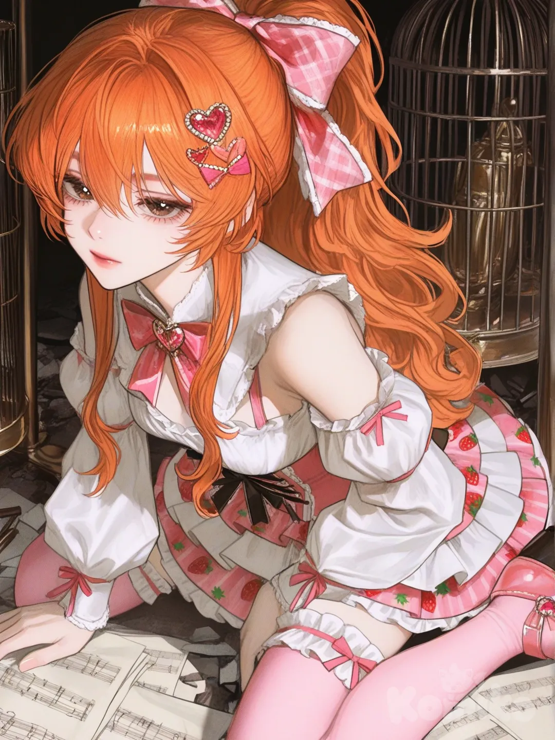 1 girl, solo, long hair, orange hair, brown eyes, long ponytail, wavy hair with a puffy fringe that covers her forehead, cut bangs, medium-length sidebangs which curl into her face. Top: She wears a white blouse with a pink bow tie and a pink corset-style top with gold trim over it. The corset has a heart-shaped detail at the center. Skirt: The skirt is layered, with a short, ruffled pink layer over a longer, pleated white layer. Sleeves: The sleeves are detached, white and puffy at the top, and feature a pink ribbon and gold trim. Legwear: She wears pink thigh-high socks with strawberry patterns and ruffled white tops. Footwear: Her shoes are pink with a bow on the front and a strap. Hair Accessories: She has a large pink bow with a gold star and a smaller heart-shaped accessory in her hair. Other Details: A black belt is visible at her waist, and the outfit includes various ruffles and ribbons. Background and Details Setting: is positioned on a stage-like platform. Props: A large, golden gramophone horn is behind her. She is surrounded by golden bars that resemble either a birdcage or organ pipes. Environment: The ground around the platform is scattered with papers, which appear to be sheet music, and other debris. The lighting is dramatic, with a spotlight focused on the character and the central setup. , [semi-realistic-portrait-style]