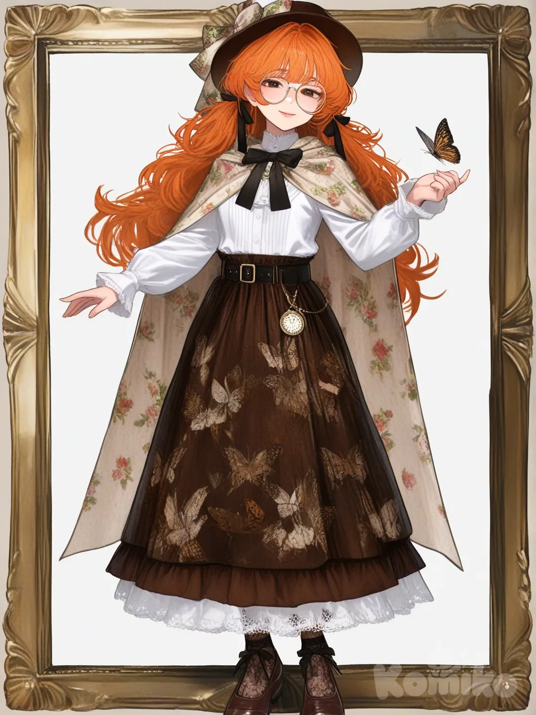 The girl had long, silky orange hair, tied back with a small ribbon, leaving a few strands of hair loose on both sides of her cheeks, highlighting her gentle and intelligent face. She wore a pair of thin, round glasses, adding to her intellectual and graceful appearance. Her light brown eyes exuded a gentle, refined look — like someone always immersed in the world of books and art. She wore a small brown hat with a bow and decorative fabric flowers, tilted slightly to one side, creating a gentle highlight. Her white blouse with a high collar with puffed shoulders and long sleeves that hugged the wrists was decorated with lace and a light brown ribbon bow at the neck, exuding elegance. The hem of the dress has a short, light brown, golden-colored cape with delicate lace trim, making the overall look more classic. The wide black belt hugs the waist to flatter the figure, perfectly matching the cream-colored long skirt with a classic botanical print — on which are images of flowers, butterflies, birds, stamps, postcards, and faint French text. These patterns are like specimen pages in a “botany art” notebook, both ancient and poetic. The hem of the dress has a wavy dark brown hem, accented with metallic butterfly motifs and a golden zigzag border, making the dress both soft and visually deep. She wears thin black lace-patterned stockings and light brown low-cut leather shoes with small button motifs — gentle but meticulous to every detail., [semi-realistic-portrait-style]