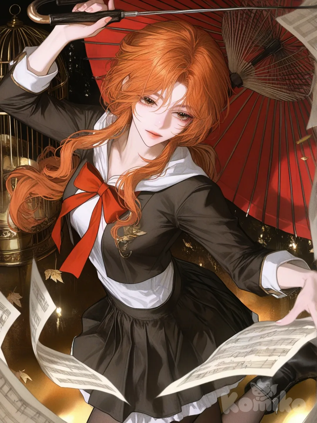 1 girl, solo, long hair, orange hair, brown eyes, long ponytail, wavy hair with a puffy fringe that covers her forehead, cut bangs, medium-length sidebangs which curl into her face, long black sleeves, white shirt underneath, black jacket, red bow on the chest, black skirt, pantyhose, black boots, (Honkai:Star Rail), Trailblazer (Honkai:Star Rail) Background Setting: The background within the frame is a bright, ethereal palette of reds, oranges, yellows, and white, suggesting a magical or cosmic setting. Surrounding elements: Outside the main frame, the background is a solid white color. There are some autumn leaves falling in traditional East Asian-style stage and lanterns can be seen, creating a serene and ancient atmosphere, a gold sheet music is floating, geometric, and crystalline around the character, this lead to the song Pose: shown in a dynamic pose, with one leg bent and the other extended, appearing to be performing or dancing on a stage-like platform. Her arms are raised and bent, and she is looking to the side, a dynamic, action-oriented pose, with her body twisted and her hair and sashes flowing as if in motion. She appears to be in the middle of a dance or an attack, holding her red umbrella ready. The setting: She is standing on a stage-like platform, possibly a music box, with a large golden gramophone horn behind her. Atmosphere: The scene is decorated with glowing lights, musical notes, and scattered papers, creating a whimsical and musical atmosphere. Background and Design: suggesting her profession as a dancer. She is positioned on a platform surrounded by a cage-like structure of golden bars, with autumn leaves and papers floating around her. The overall design elements combine musical and theatrical motifs, with a color palette of reds, golds, and muted tones., [semi-realistic-portrait-style]