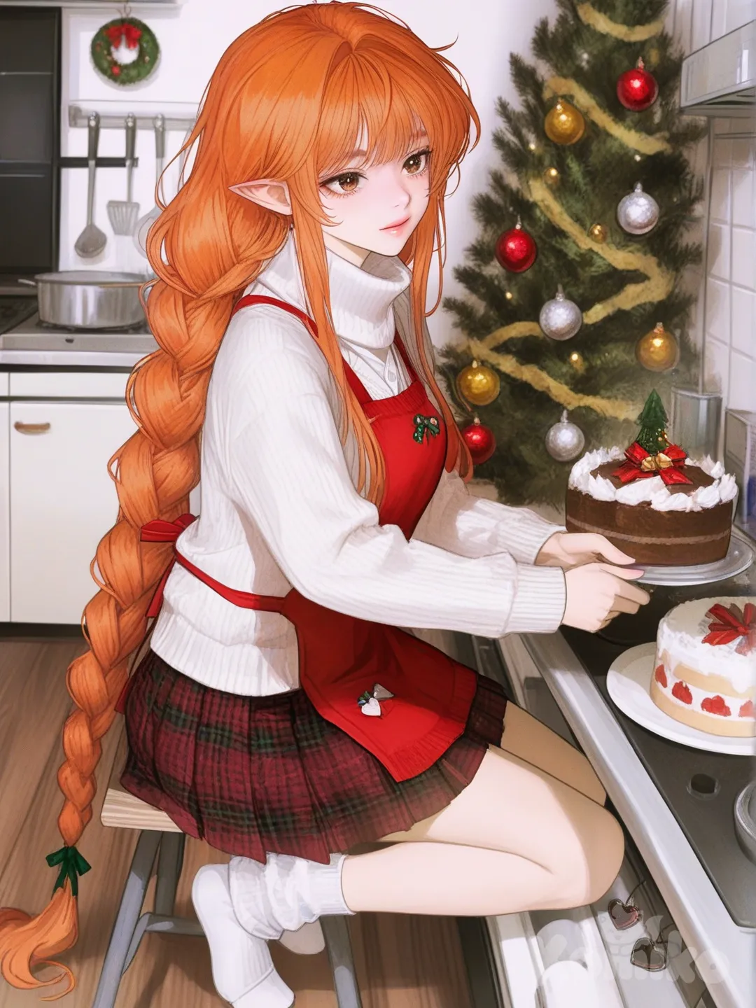 1 girl, solo, white ara ribbed knit cardigan, checked wool pleated skirt, white socks, background: christmas, heart keyring, orange hair, brown eyes, pointy ears, very long hair, tie two braids, cut bangs, medium-length sidebangs which curl into her face, decorate christmas tree, make chriristmas cakes, and cook meal, [semi-realistic-portrait-style]