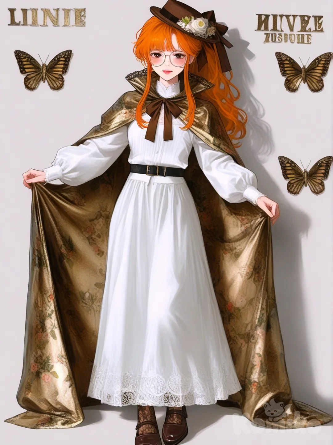 The girl had long, silky orange hair, tied back with a small ribbon, leaving a few strands of hair loose on both sides of her cheeks, highlighting her gentle and intelligent face. She wore a pair of thin, round glasses, adding to her intellectual and graceful appearance. Her light brown eyes exuded a gentle, refined look — like someone always immersed in the world of books and art. She wore a small brown hat with a bow and decorative fabric flowers, tilted slightly to one side, creating a gentle highlight. Her white blouse with a high collar with puffed shoulders and long sleeves that hugged the wrists was decorated with lace and a light brown ribbon bow at the neck, exuding elegance. The hem of the dress has a short, light brown, golden-colored cape with delicate lace trim, making the overall look more classic. The wide black belt hugs the waist to flatter the figure, perfectly matching the cream-colored long skirt with a classic botanical print — on which are images of flowers, butterflies, birds, stamps, postcards, and faint French text. These patterns are like specimen pages in a “botany art” notebook, both ancient and poetic. The hem of the dress has a wavy dark brown hem, accented with metallic butterfly motifs and a golden zigzag border, making the dress both soft and visually deep. She wears thin black lace-patterned stockings and light brown low-cut leather shoes with small button motifs — gentle but meticulous to every detail., [semi-realistic-portrait-style]