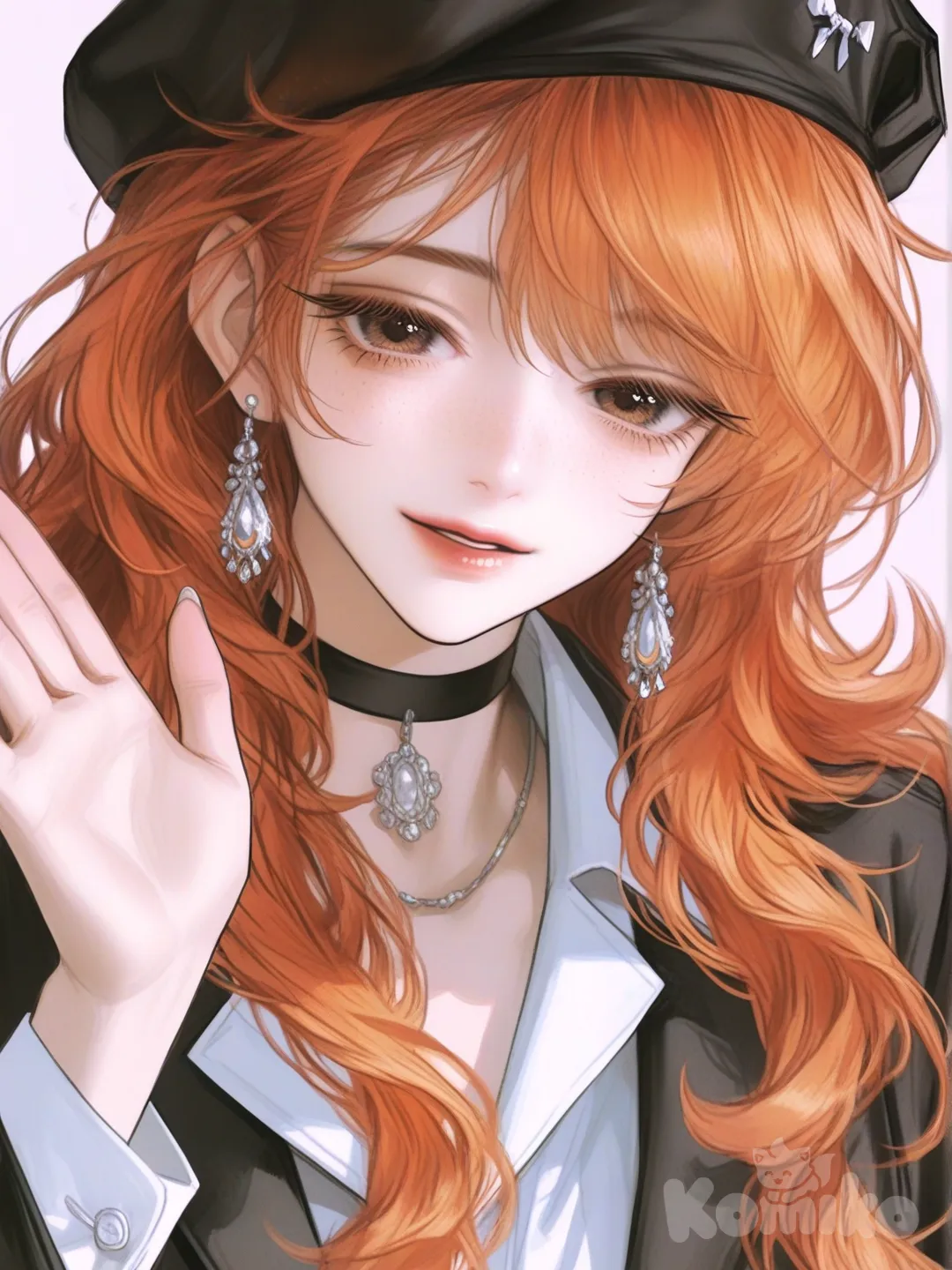 Color and Length: The hair is a striking orange color and is very long, extending well past her waist in a voluminous, flowing style.
Bangs: The bangs are styled in a side-swept fashion, with a few shorter strands framing the forehead and longer pieces flowing down the sides of her face, blending into the rest of her hair.
Style and Texture: The hair appears soft and slightly wavy, with a natural.
Face & expression: Her face is slim with delicate features and a gentle, confident smile. Her brown eyes are large and expressive, framed by long lashes, giving her a calm yet playful look. Light freckles dot her cheeks, adding warmth and a youthful, natural feel
Headwear & accessories: She wears a dark black beret tilted casually on her head. Her ears are adorned with earrings, and she has a black necklace collar wrap around her neck, contributing to a fashionable, slightly artistic vibe.
Outfit: She’s dressed in a smart-casual, vintage-inspired outfit. A collared white shirt sits neatly under a tailored jacket. The light jacket has structured lapels and buttons at the cuffs, giving a refined silhouette. A black belt cinches her waist, adding definition and balance to the outfit and her white dress.
Pose & vibe: One hand is raised in a relaxed wave, reinforcing her friendly, approachable demeanor. Overall, her appearance blends elegance, creativity, and subtle confidence—like someone stylish, clever, and effortlessly charming, [semi-realistic-portrait-style]