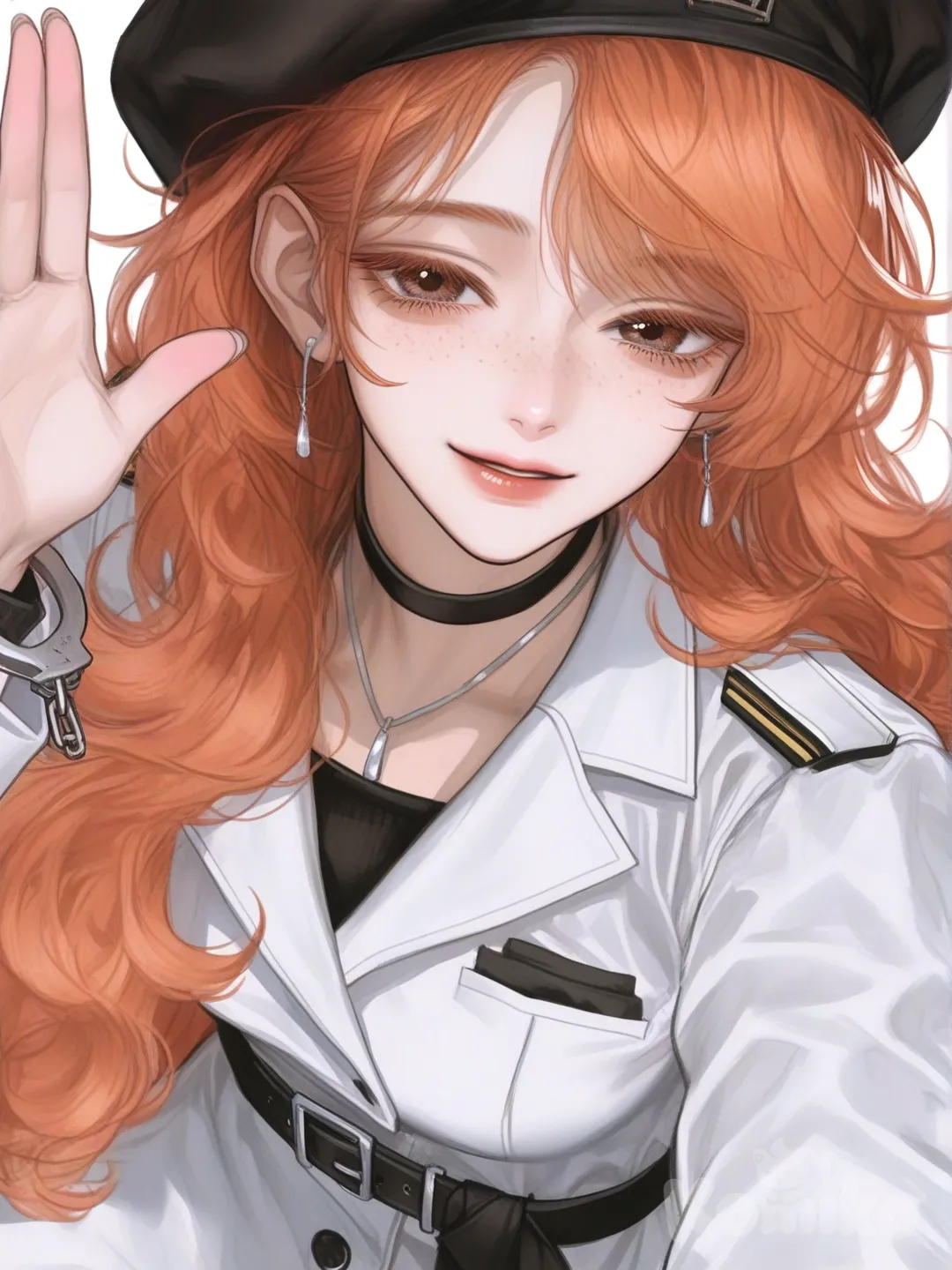 Color and Length: The hair is a striking orange color and is very long, extending well past her waist in a voluminous, flowing style. Bangs: The bangs are styled in a side-swept fashion, with a few shorter strands framing the forehead and longer pieces flowing down the sides of her face, blending into the rest of her hair. Style and Texture: The hair appears soft and slightly wavy, with a natural. Face & expression: Her face is slim with delicate features and a gentle, confident smile. Her brown eyes are large and expressive, framed by long lashes, giving her a calm yet playful look. Light freckles dot her cheeks, adding warmth and a youthful, natural feel Headwear & accessories: She wears a dark black beret tilted casually on her head. Her ears are adorned with earrings, and she has a black necklace collar wrap around her neck, contributing to a fashionable, slightly artistic vibe. Outfit: She’s dressed in a smart-casual, vintage-inspired outfit. A collared white shirt sits neatly under a tailored jacket. The light jacket has structured lapels and buttons at the cuffs, giving a refined silhouette. A black belt cinches her waist, adding definition and balance to the outfit and her white dress. Pose & vibe: One hand is raised in a relaxed wave, reinforcing her friendly, approachable demeanor. Overall, her appearance blends elegance, creativity, and subtle confidence—like someone stylish, clever, and effortlessly charming, [semi-realistic-portrait-style]