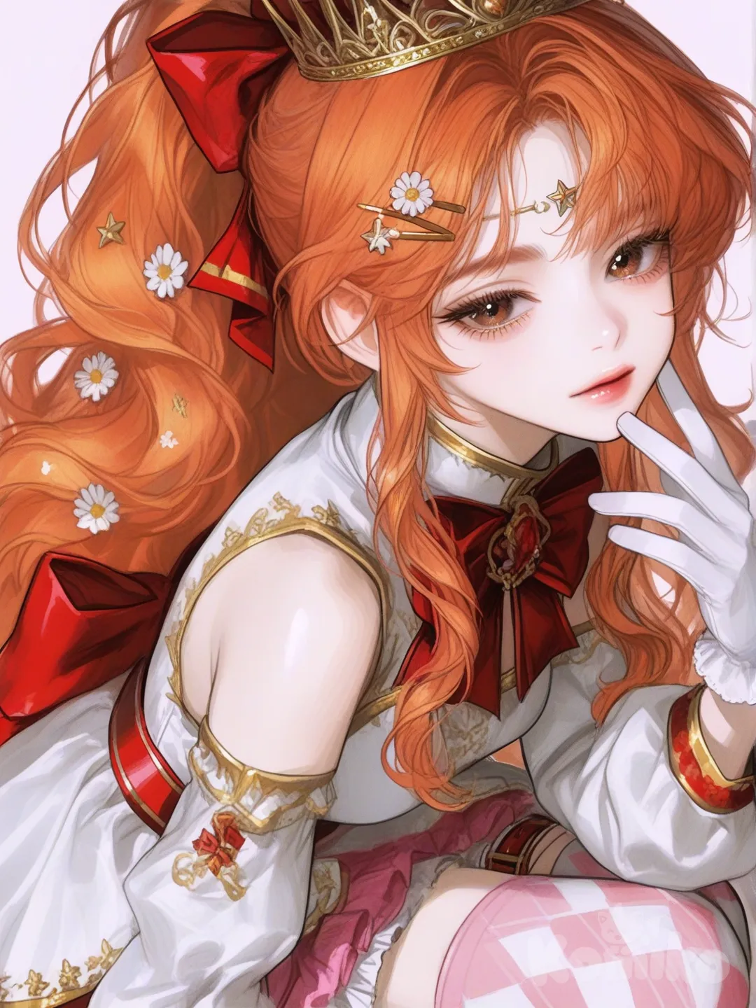 1 girl, solo, long hair, orange hair, brown eyes, long ponytail, wavy hair with a puffy fringe that covers her forehead, cut bangs, medium-length sidebangs which curl into her face
Main Dress: The primary component is a short, layered dress featuring a white top section with a high collar and a large red bow detail, adorned with a gold star accent. 
Skirt: The skirt is layered with ruffles, primarily in bright pink and white with gold trim, featuring red and gold swirl patterns on the lower ruffles. A wide red belt with gold accents cinches the waist. 
Sleeves and Gloves: The outfit includes white detached long sleeves and matching gloves. 
Legwear: The character is depicted wearing white and pink diamond-patterned stockings. 
Accessories: The ensemble is completed with a large floral headpiece, a star-shaped hair clip, and a small crown. , [semi-realistic-portrait-style]