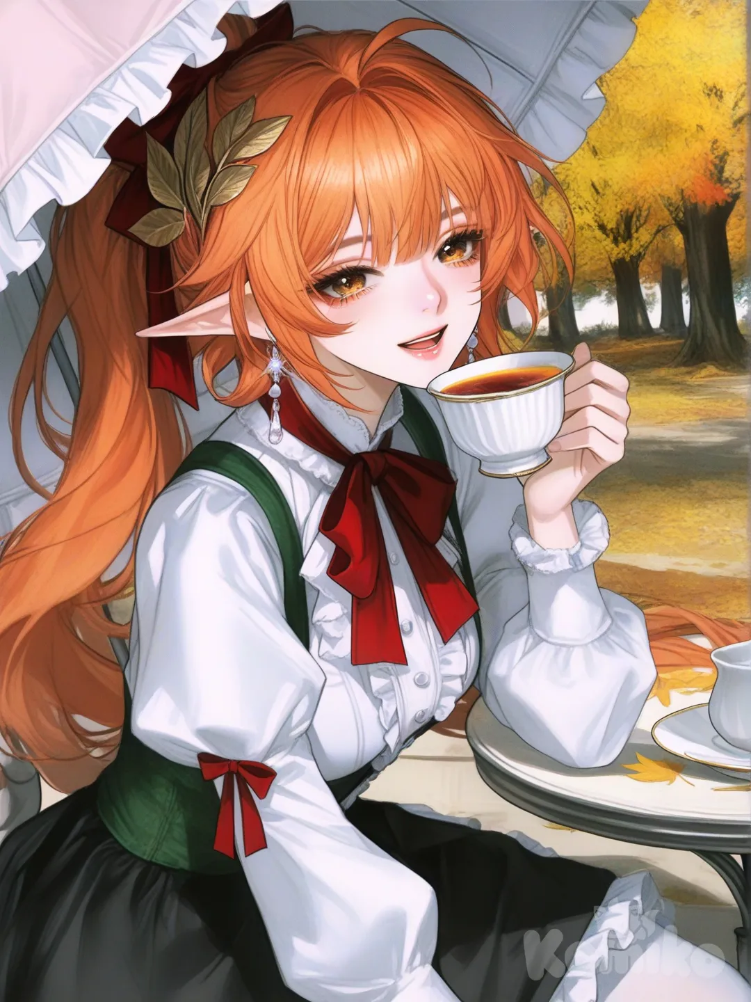 1girl, solo, long hair, breasts, looking at viewer, smile, open mouth, bangs, skirt, hair ornament, shirt, ribbon, long sleeves, original, bow, ponytail, holding, medium breasts, red jewelry, hair ribbon, brown eyes, ahoge, :d, pantyhose, earrings, frills, outdoors, day, teeth, puffy sleeves, official art, black skirt, bowtie, orange hair, red bow, tree, red ribbon, floating hair, leaf, table, suspenders, wind, juliet sleeves, suspender skirt, center frills, parasol, autumn leaves, autumn, falling leaves,Cyrene (Honkai: Star Rail), elf ears, wedding dress, laurel wreath,solo, beautiful_eyes, focus_face, aegyo_sal, soft_lips, perfect_skin, beautiful_face, Korean_style,cute face, perfect anatomy, glitter, light, girl, solo, semi-realistic, cute art, orange hair, white pantyhose, [semi-realistic-portrait-style], drinking fruit tea