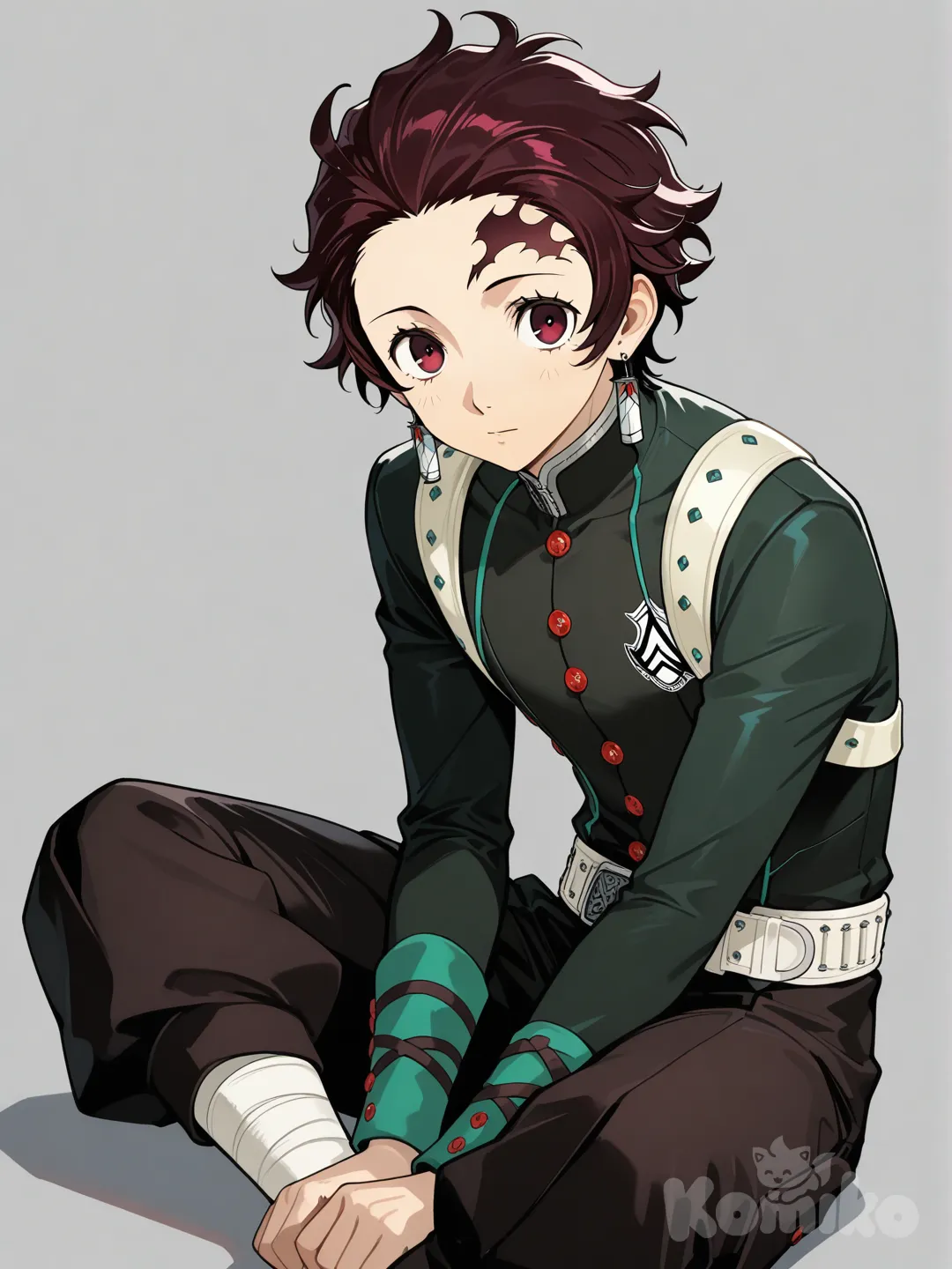 @Kamado_Tanjirou, Persona 5 style, sitting on the ground